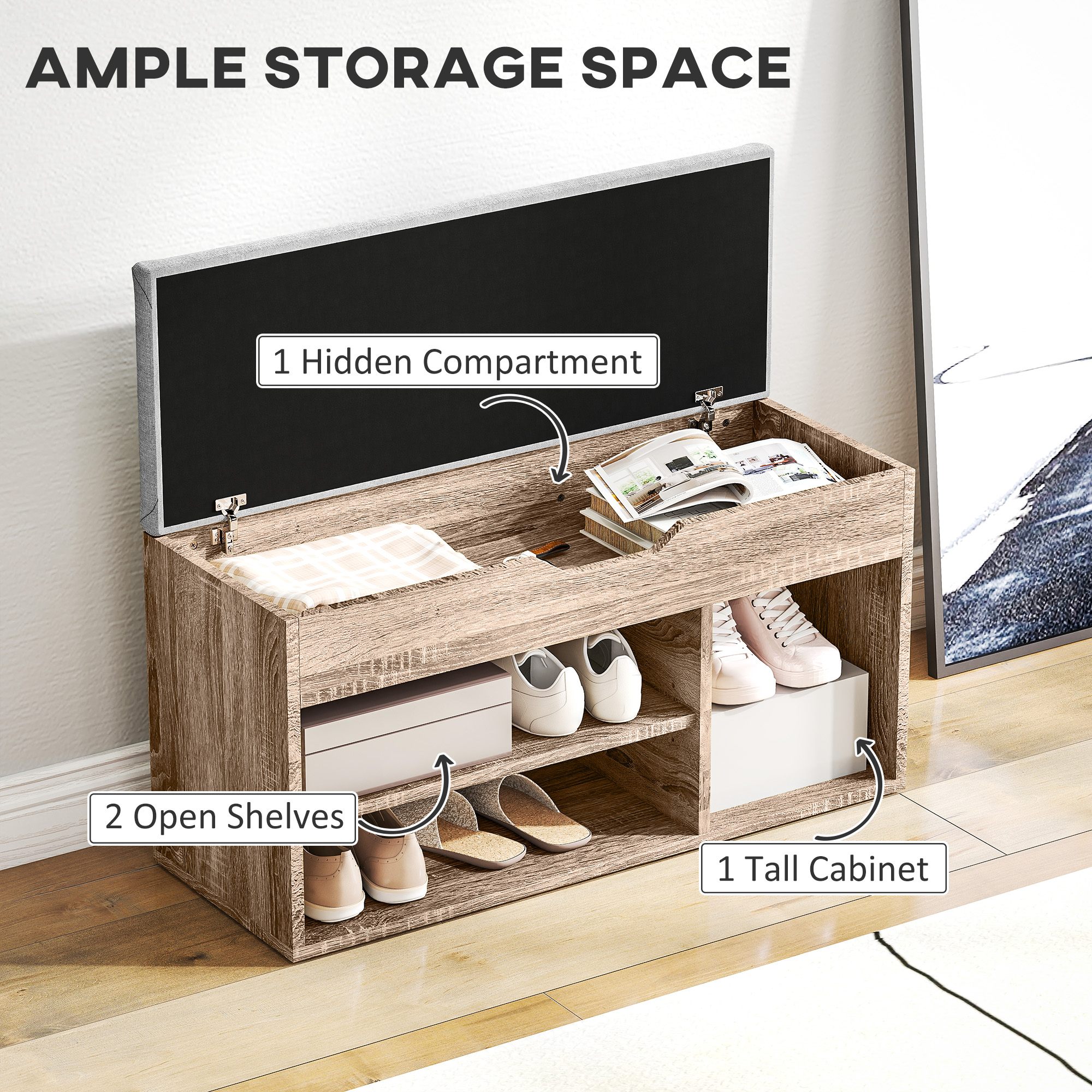 HOMCOM Shoes Cabinet Bench Hidden Storage Padded Seat Organiser Footwear Rack Hallway Grey Wood Grain 5