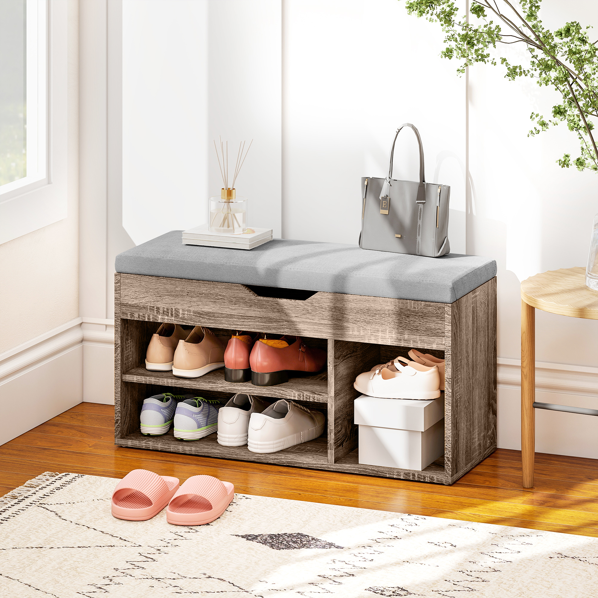 HOMCOM Shoes Cabinet Bench Hidden Storage Padded Seat Organiser Footwear Rack Hallway Grey Wood Grain 2