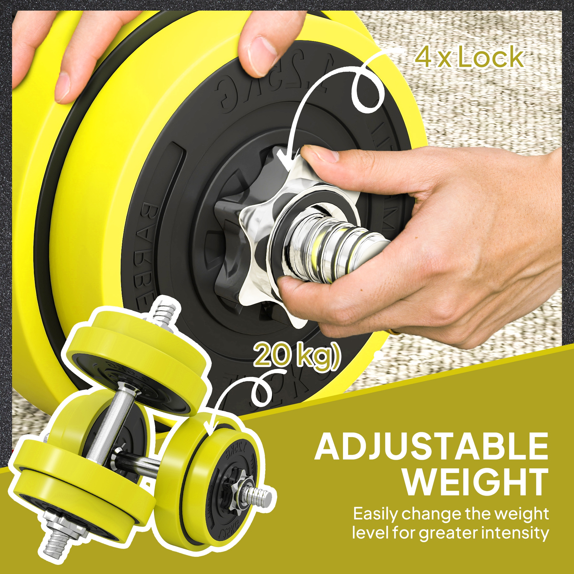 HOMCOM 20KGS 2-In-1 Dumbbell & Barbell Adjustable Set Strength Muscle Exercise Fitness Plate Bar Clamp Rod Home Gym Sports Area, Yellow 6