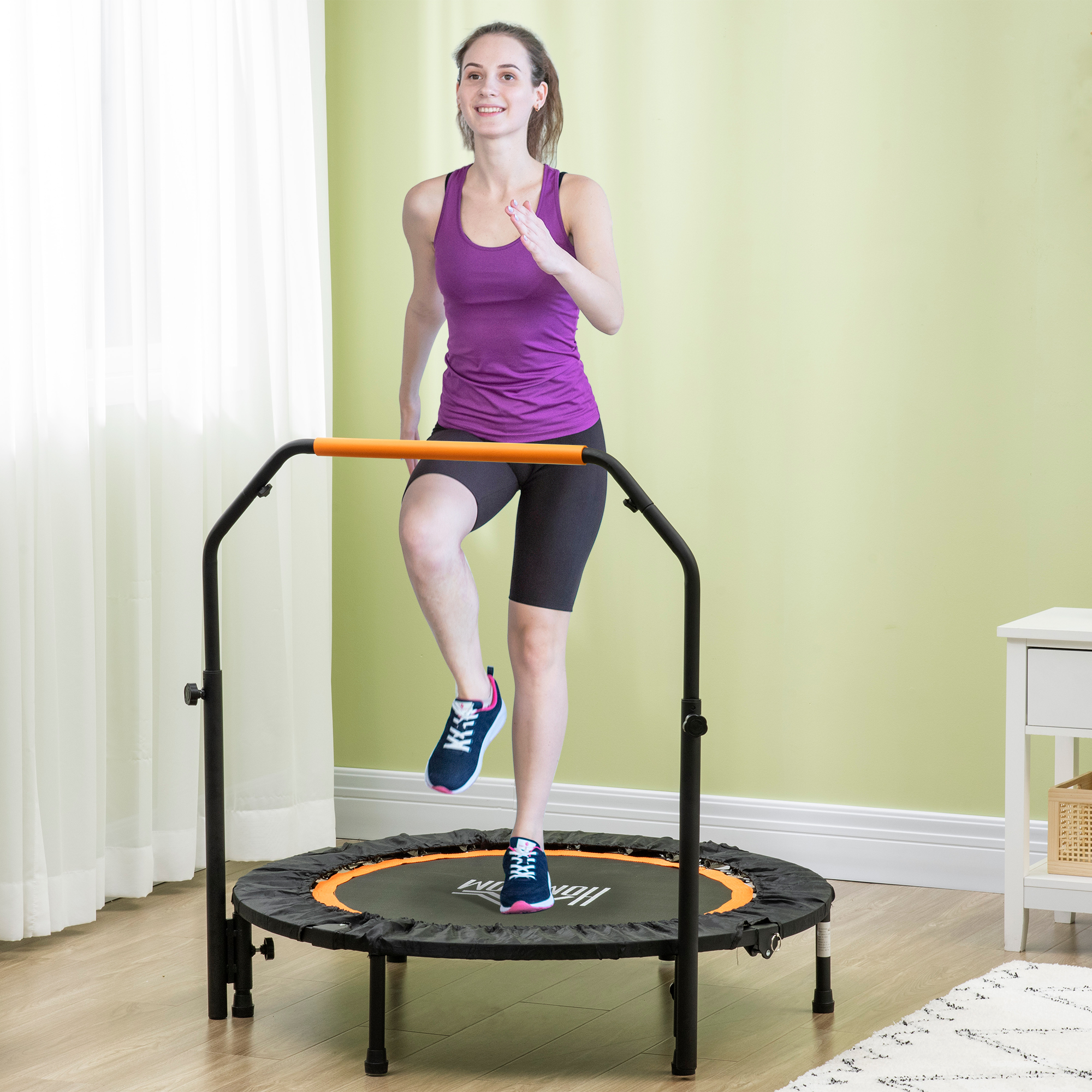 Trampolino Fitness HOMCOM Pieghevole, 102/114 Cm, Con Maniglia Regolabile, Supporto 200 Kg, In Acciaio E PP, Per Allenamento A Casa