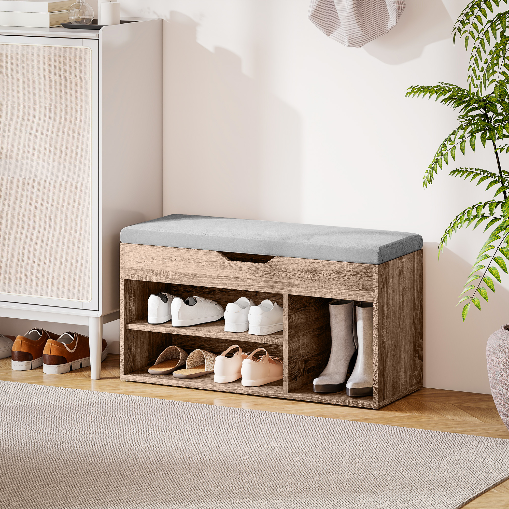 HOMCOM Shoes Cabinet Bench Hidden Storage Padded Seat Organiser Footwear Rack Hallway Grey Wood Grain 8