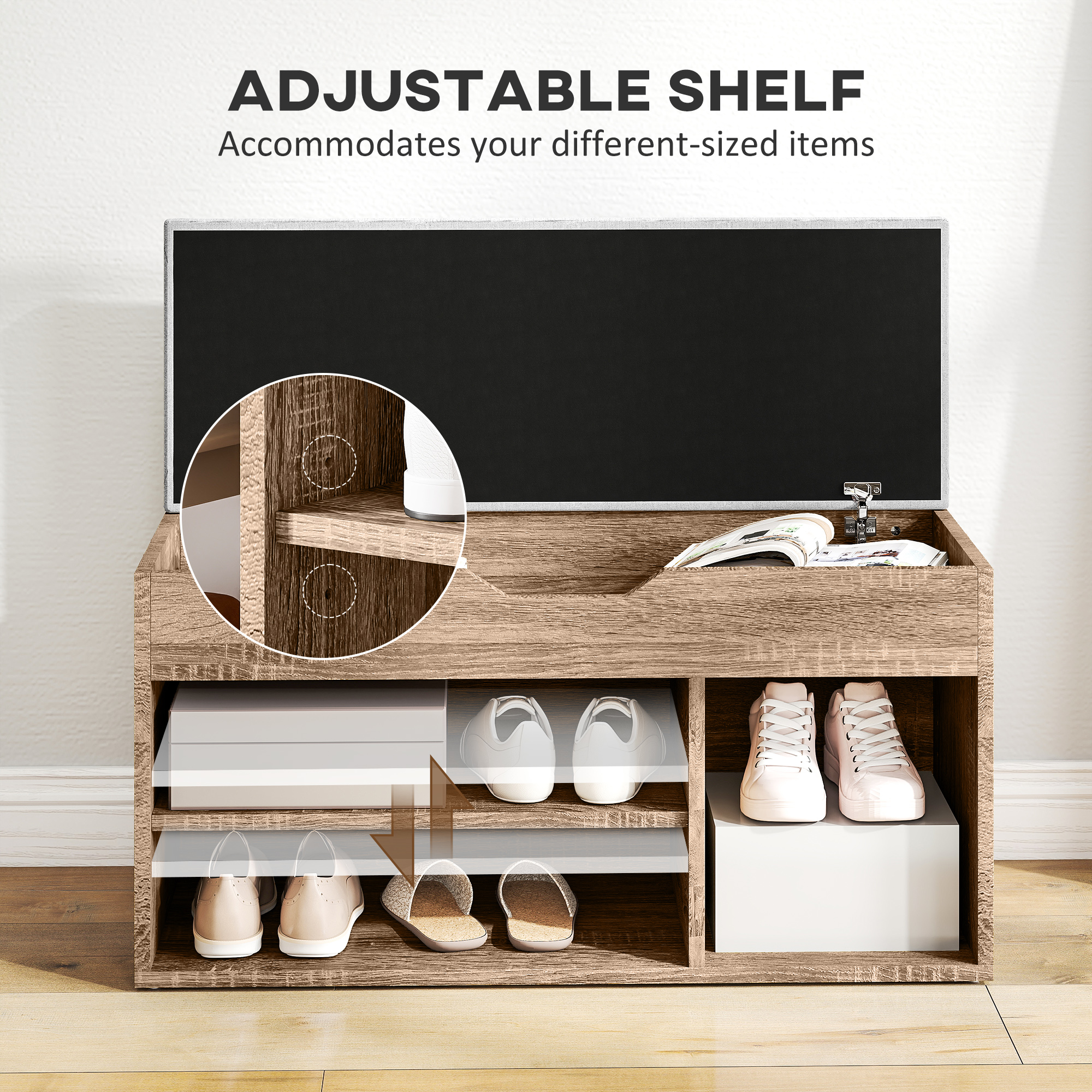 HOMCOM Shoes Cabinet Bench Hidden Storage Padded Seat Organiser Footwear Rack Hallway Grey Wood Grain 7