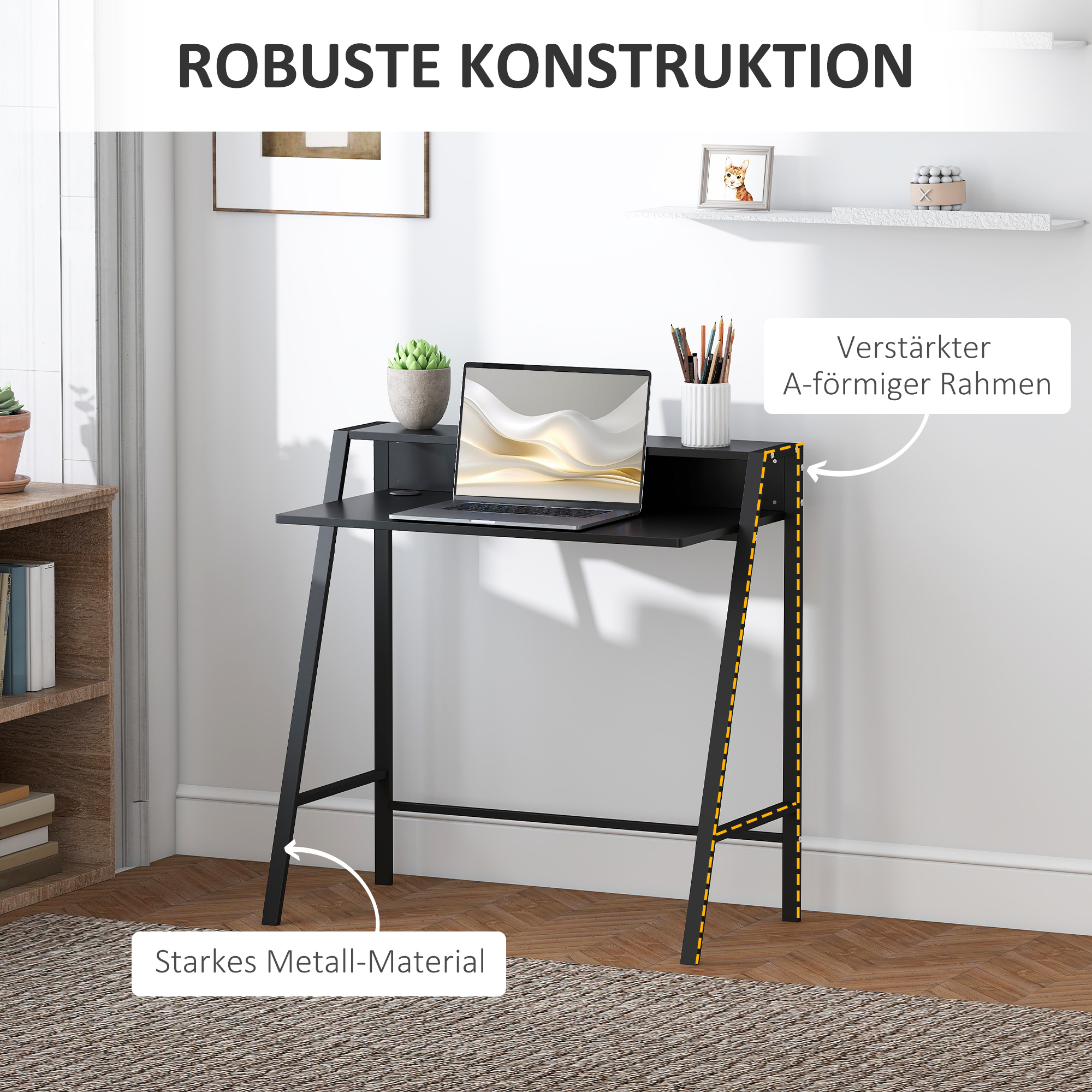 Kirjutuslaud, arvutilaud panipaiga ja kaablihaldussüsteemiga, moodne metallraamiga laud õppimiseks, magamistuppa, kodukontorisse, 84 x 45 x 85 cm, must