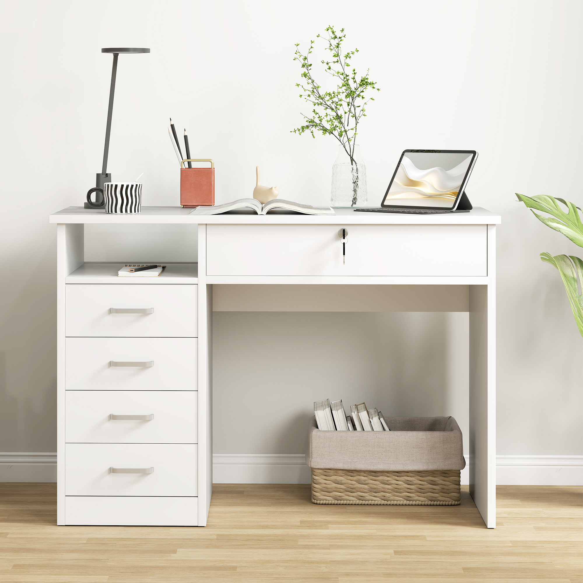 Scrivania Per Ufficio HOMCOM Con 2 Mensole – 110x48x76,2 Cm, In MDF, Colore Noce E Bianco, Carico 50 Kg, Per Casa E Studio