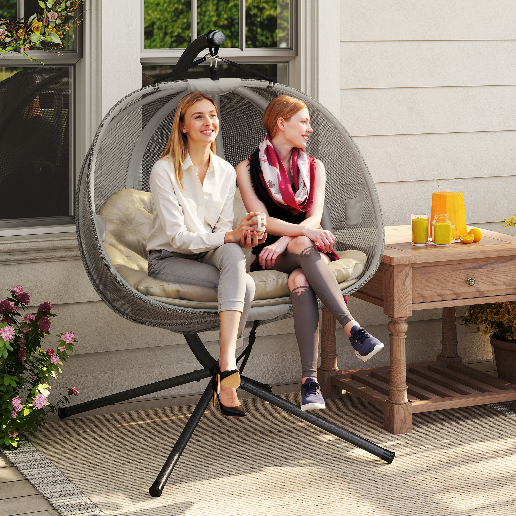 Outsunny Double Hanging Egg Chair 2 Seaters Texteline Swing Hammock Chair with Stand, Cushion and Folding Design, for Indoor and Outdoor, Brown 2