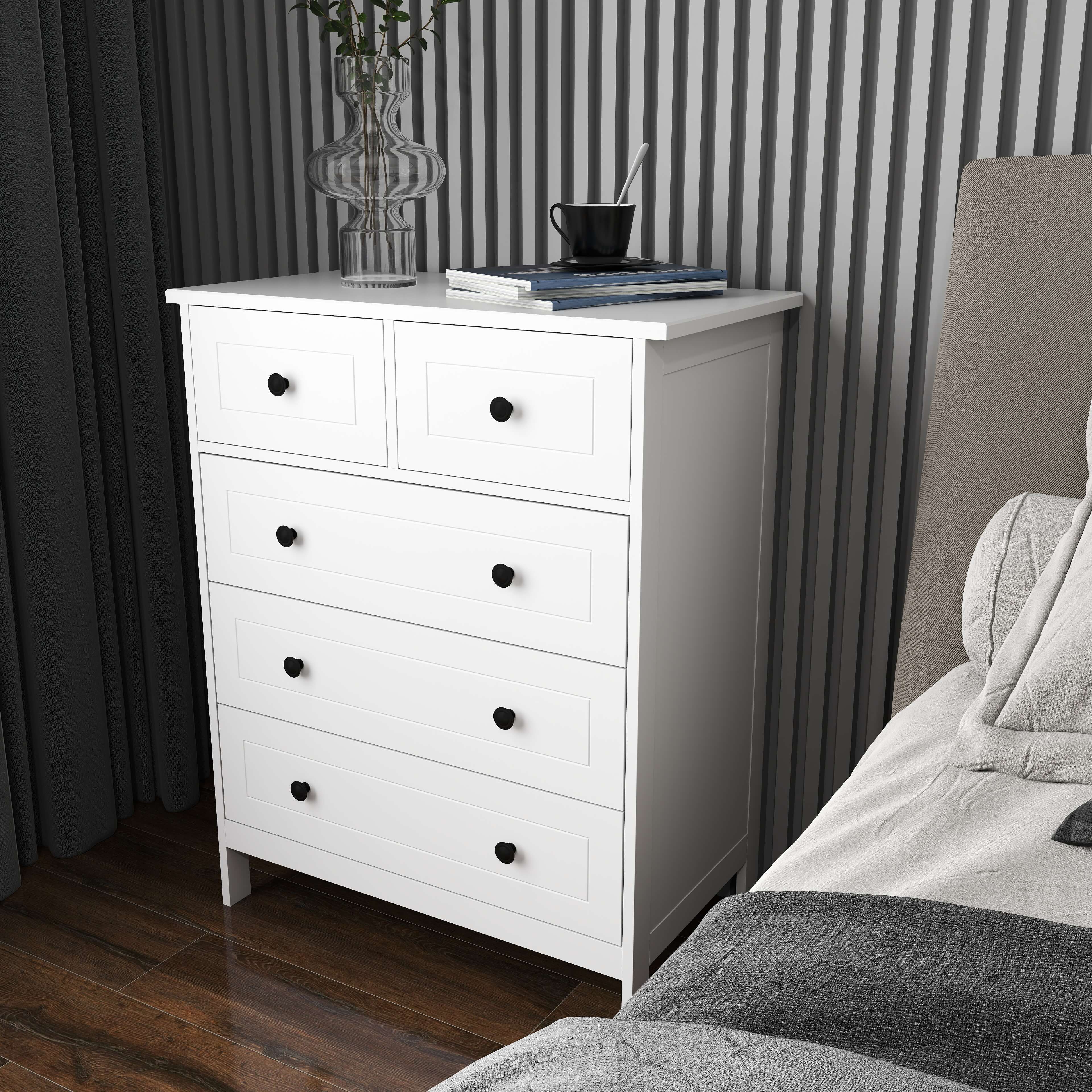 Cassettiera Salvaspazio Bianca A 5 Cassetti – L.27 X P.38 X H.105 Cm – In Legno Laminato – Per Ufficio E Camere