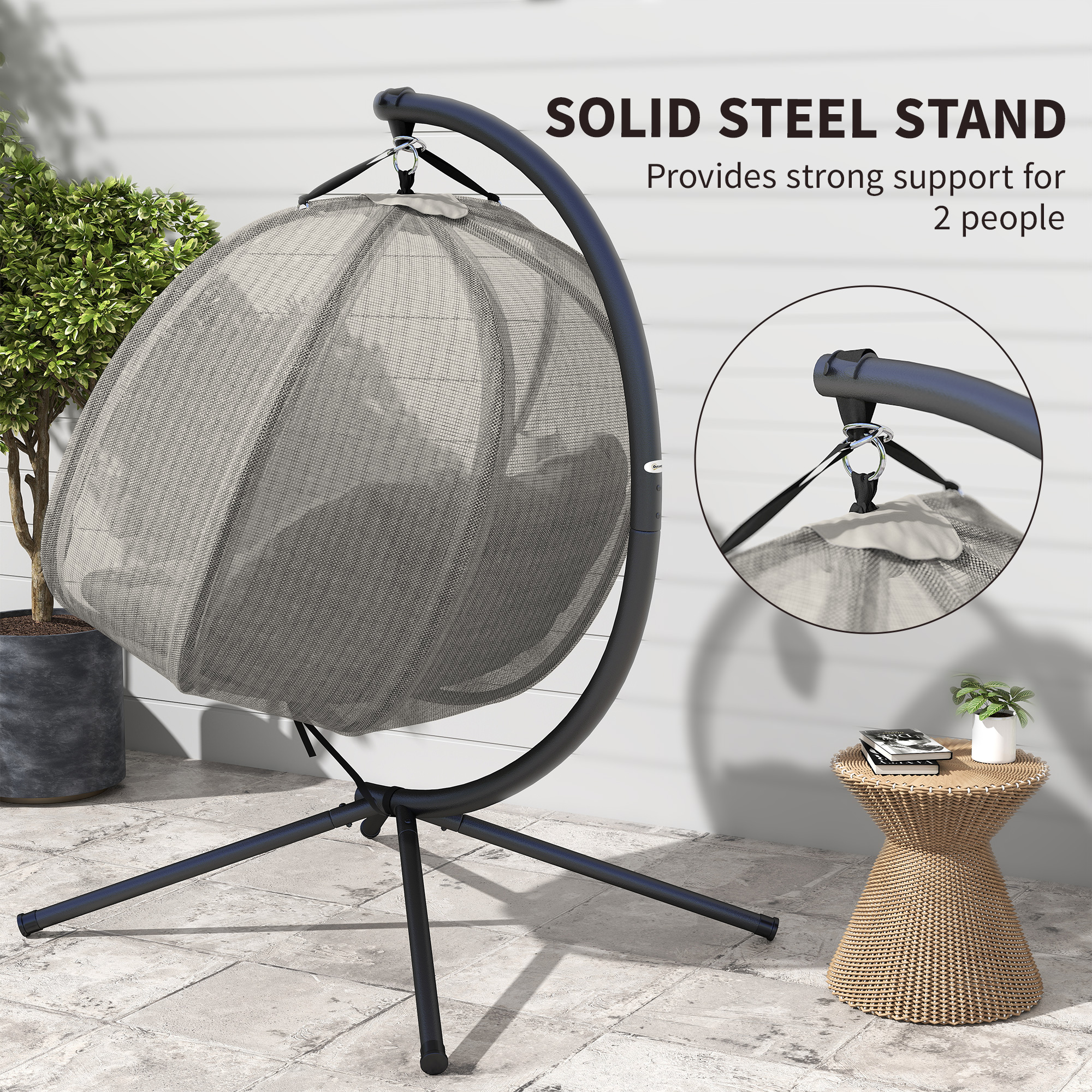 Outsunny Double Hanging Egg Chair 2 Seaters Texteline Swing Hammock Chair with Stand, Cushion and Folding Design, for Indoor and Outdoor, Brown 7