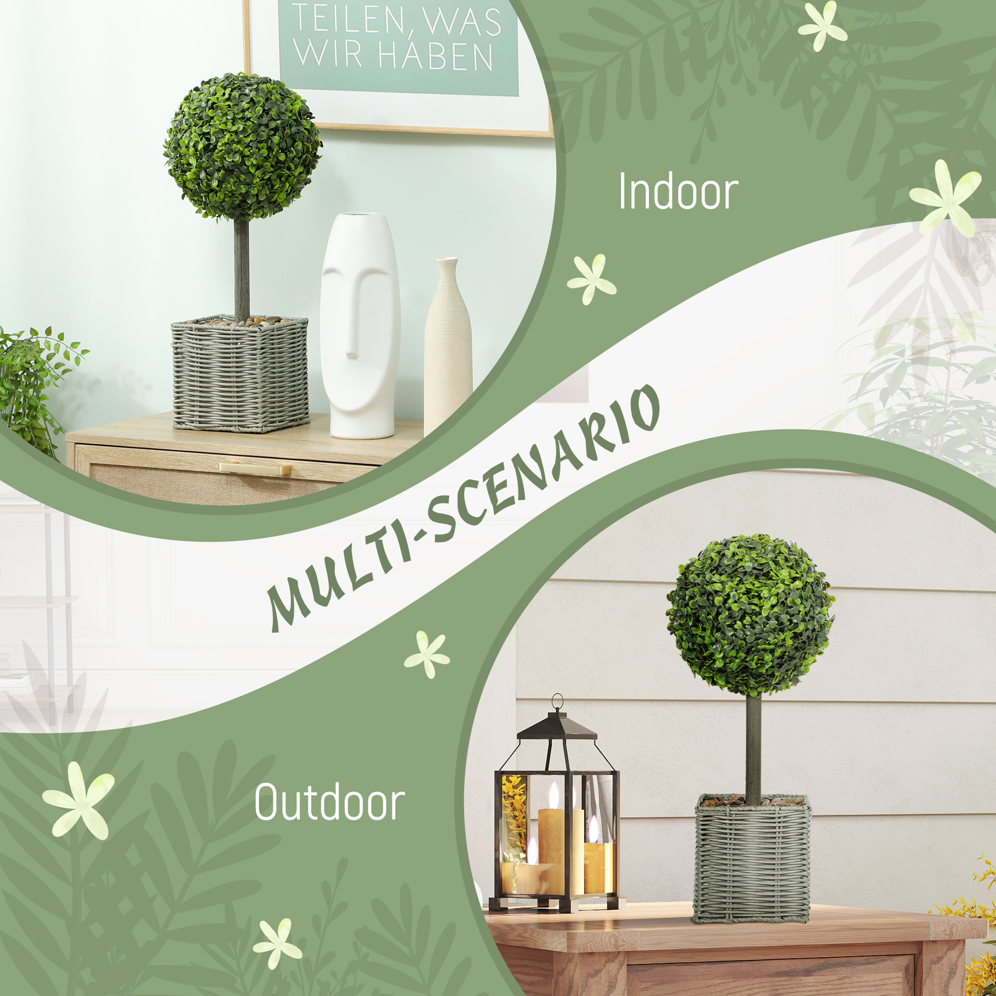 HOMCOM Set of 2 Decorative Artificial Plants, 50cm Faux Boxwood Topiary Balls with Woven Plastic Pot and Pebbles, Fake Plants for Home or Office Decor, Green 5