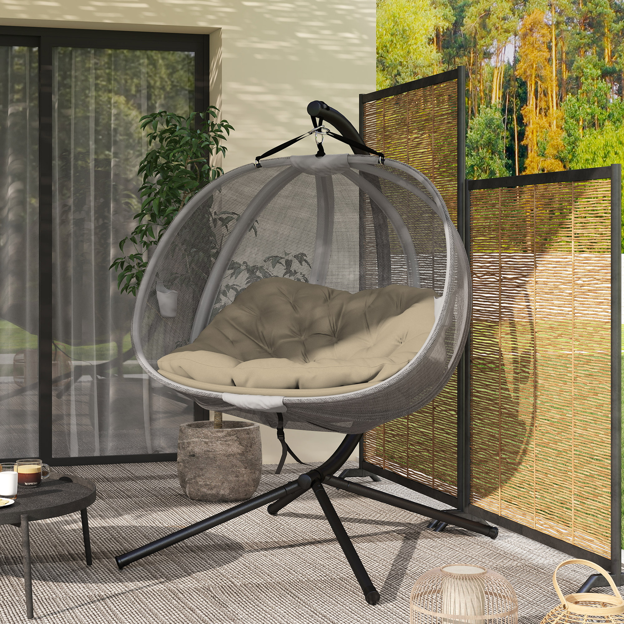 Outsunny Double Hanging Egg Chair 2 Seaters Texteline Swing Hammock Chair with Stand, Cushion and Folding Design, for Indoor and Outdoor, Brown 9