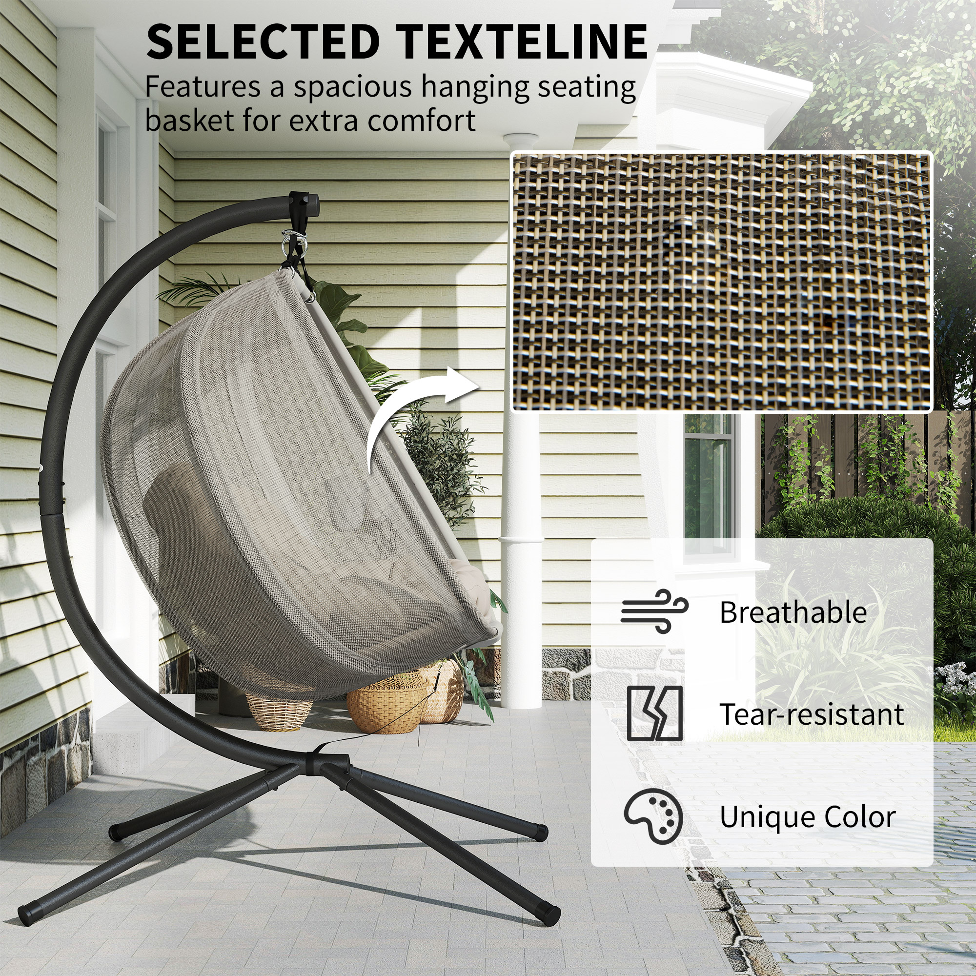 Outsunny Double Hanging Egg Chair 2 Seaters Texteline Swing Hammock Chair with Stand, Cushion and Folding Design, for Indoor and Outdoor, Brown 4