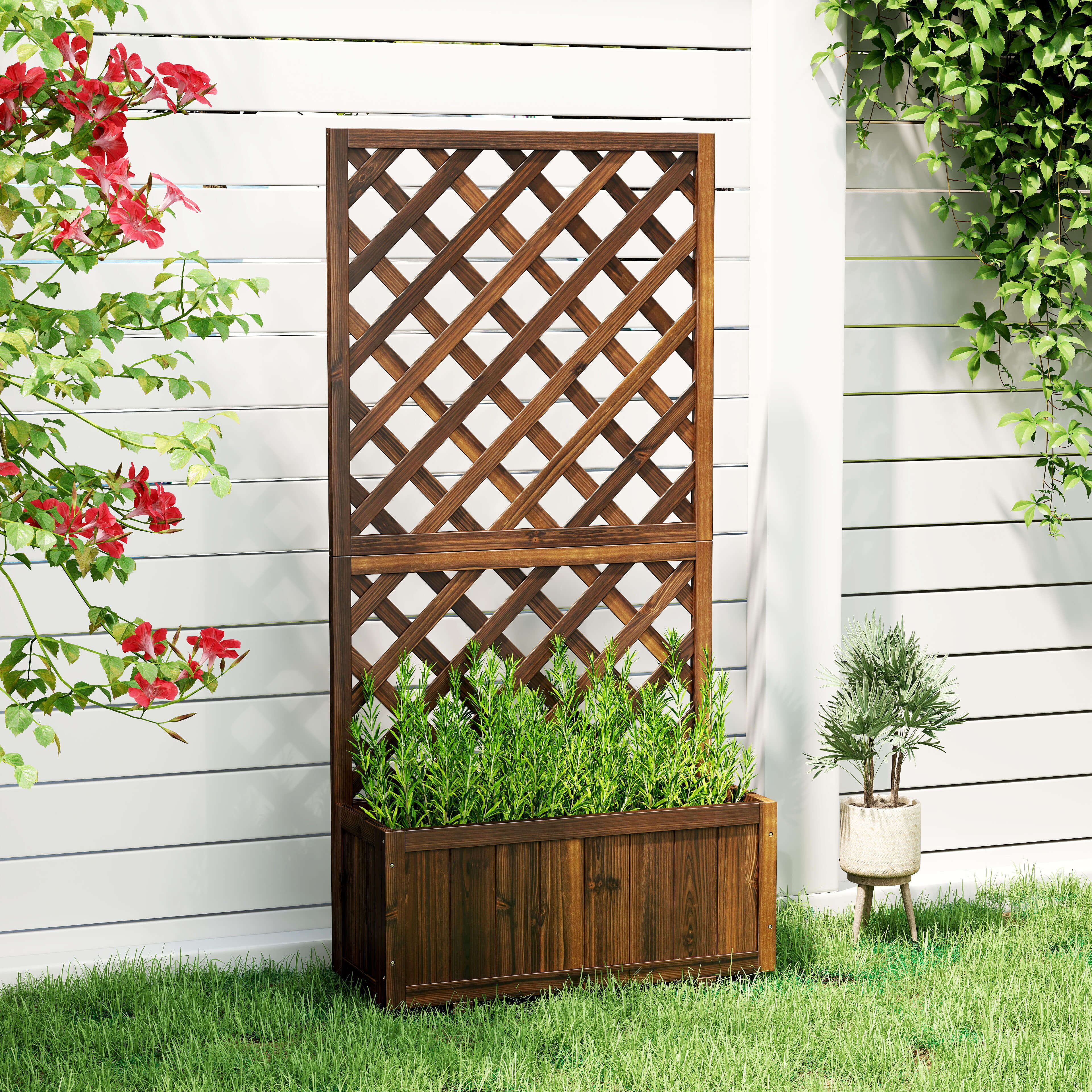 Fioriera Esterno Con Grigliato In Legno Di Abete - 72.5x31.5x149.5 Cm, Per Piante Rampicanti, Decorabile Con Luci