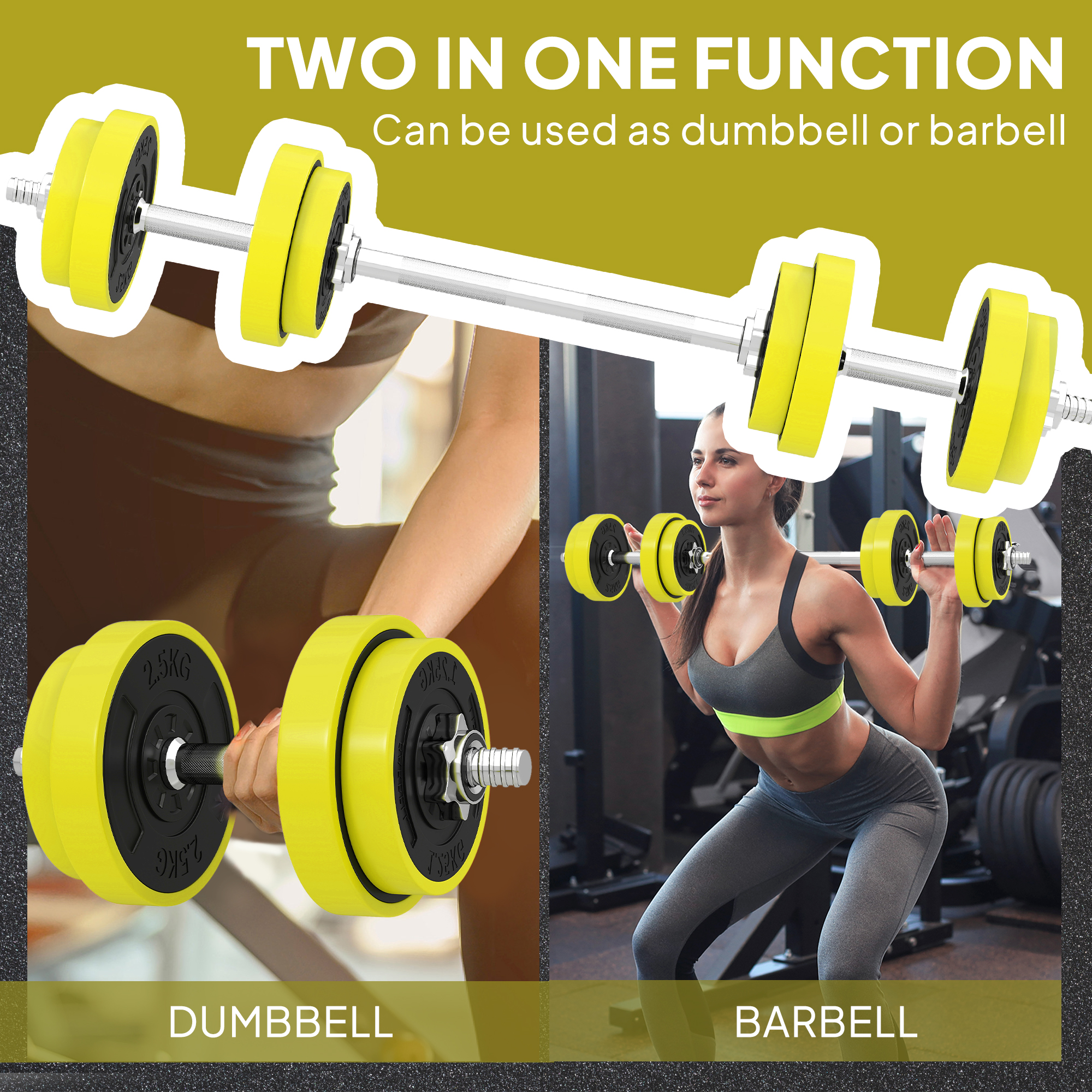 HOMCOM 20KGS 2-In-1 Dumbbell & Barbell Adjustable Set Strength Muscle Exercise Fitness Plate Bar Clamp Rod Home Gym Sports Area, Yellow 4