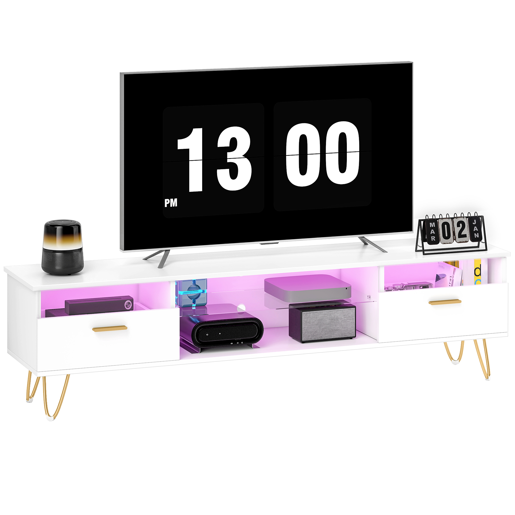 Meuble TV HOMCOM 160 Cm Avec LED RGB - Support TV Jusqu'à 120 Pouces, 2 Tiroirs, Blanc