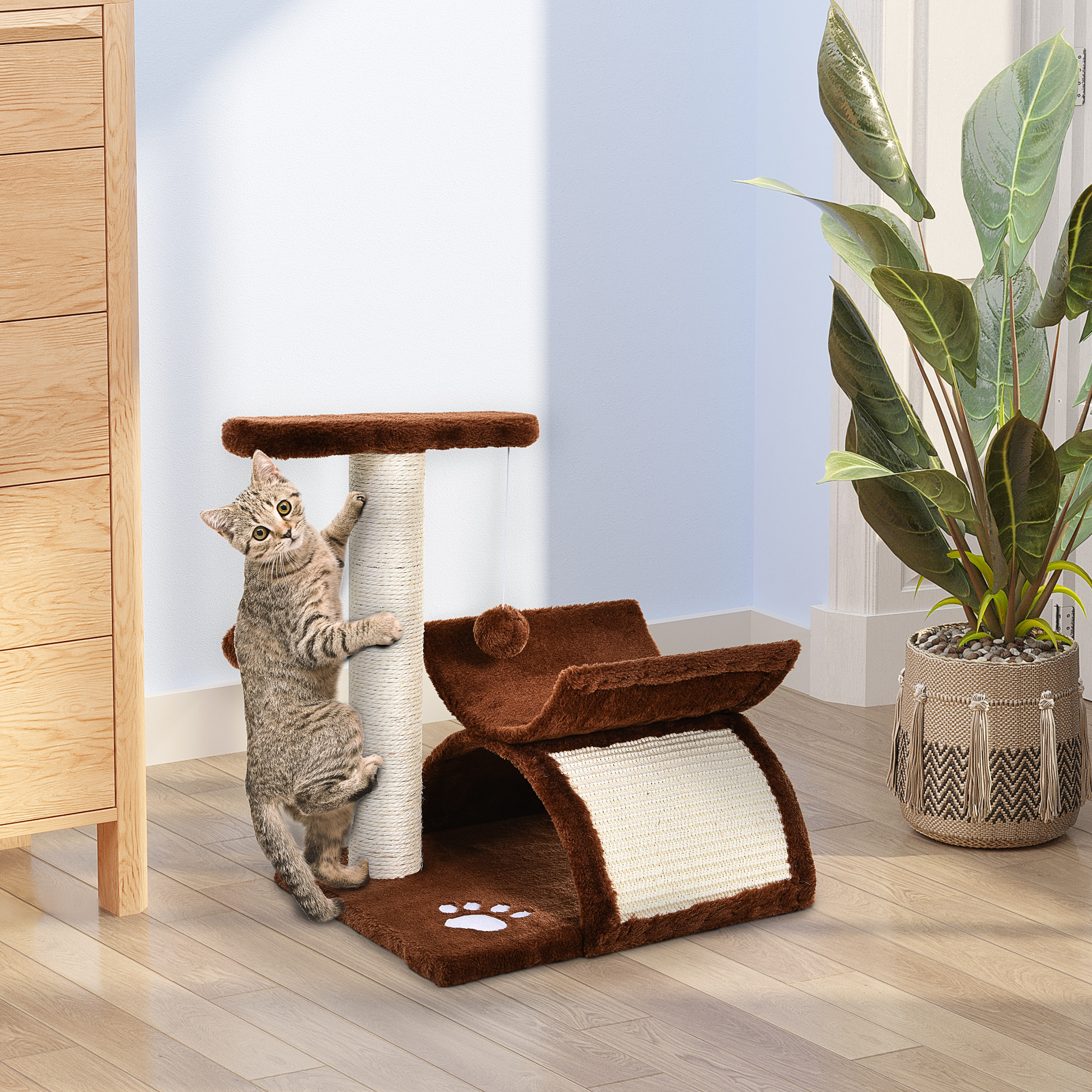 PawHut Kratzbaum, mit Tunnel, Liegefläche, Spielbaum für Katzen, Sisal, Braun, 40x30x43 cm  Aosom