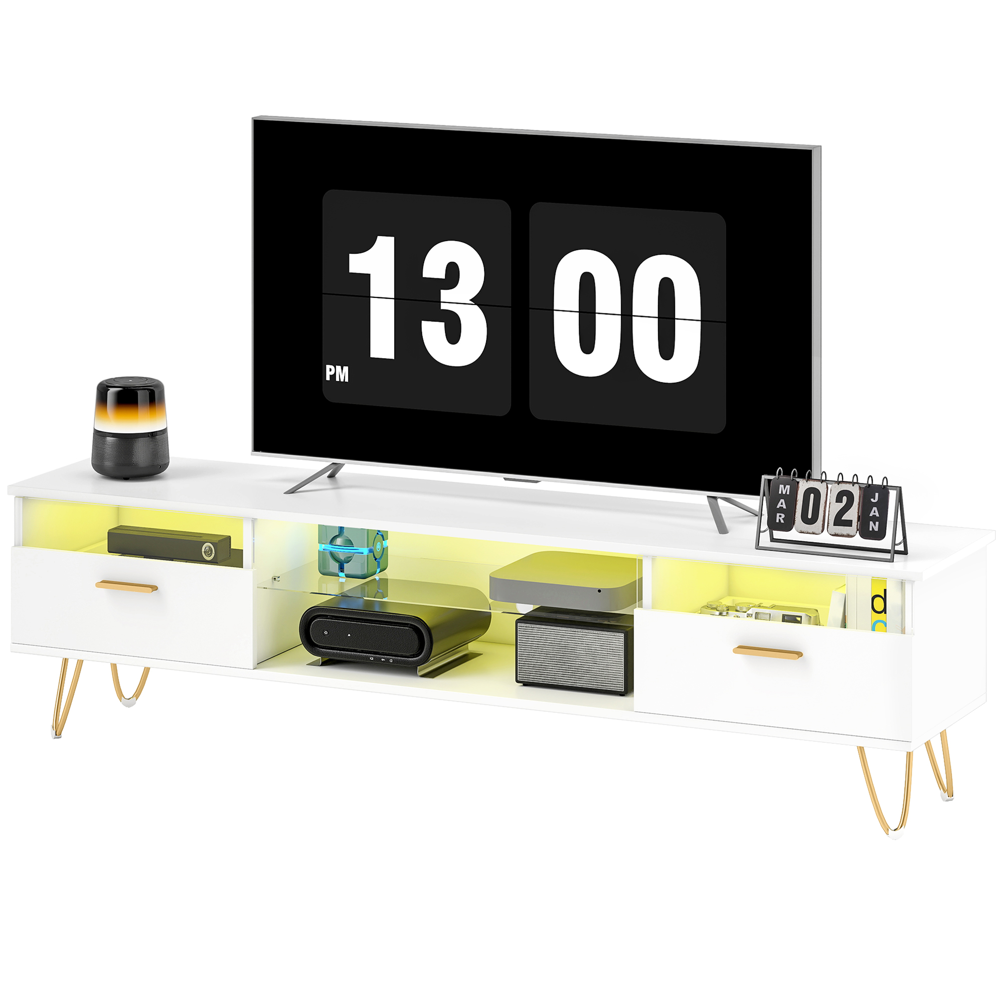 HOMCOM Meuble TV avec LED RGB de 16 couleurs meuble télé pour téléviseur jusqu'à 42 à 120 pouces, 160x35x42cm, blanc