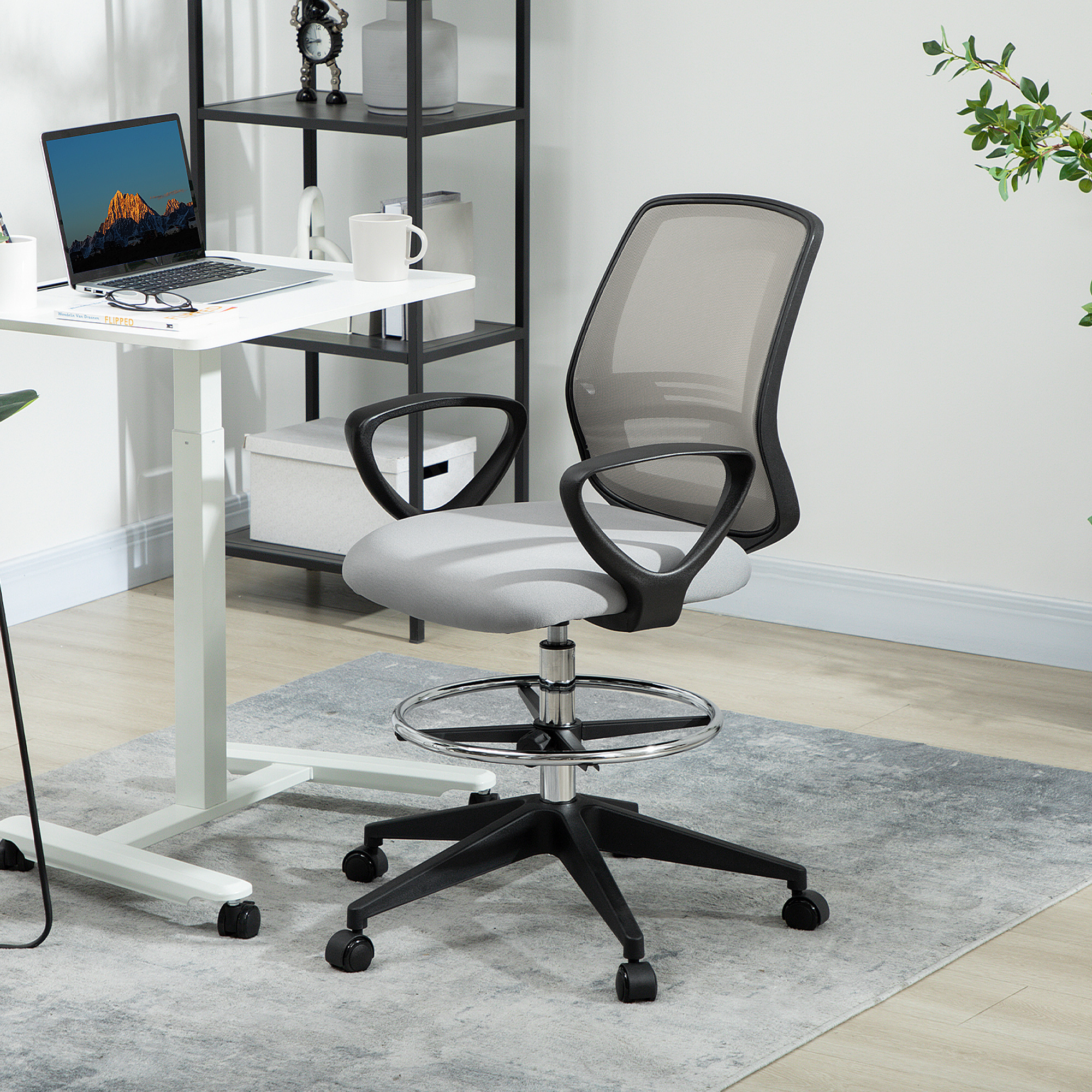 Vinsetto 100-120cm Draughtsman Office Chair, with Footrest Light Grey 2