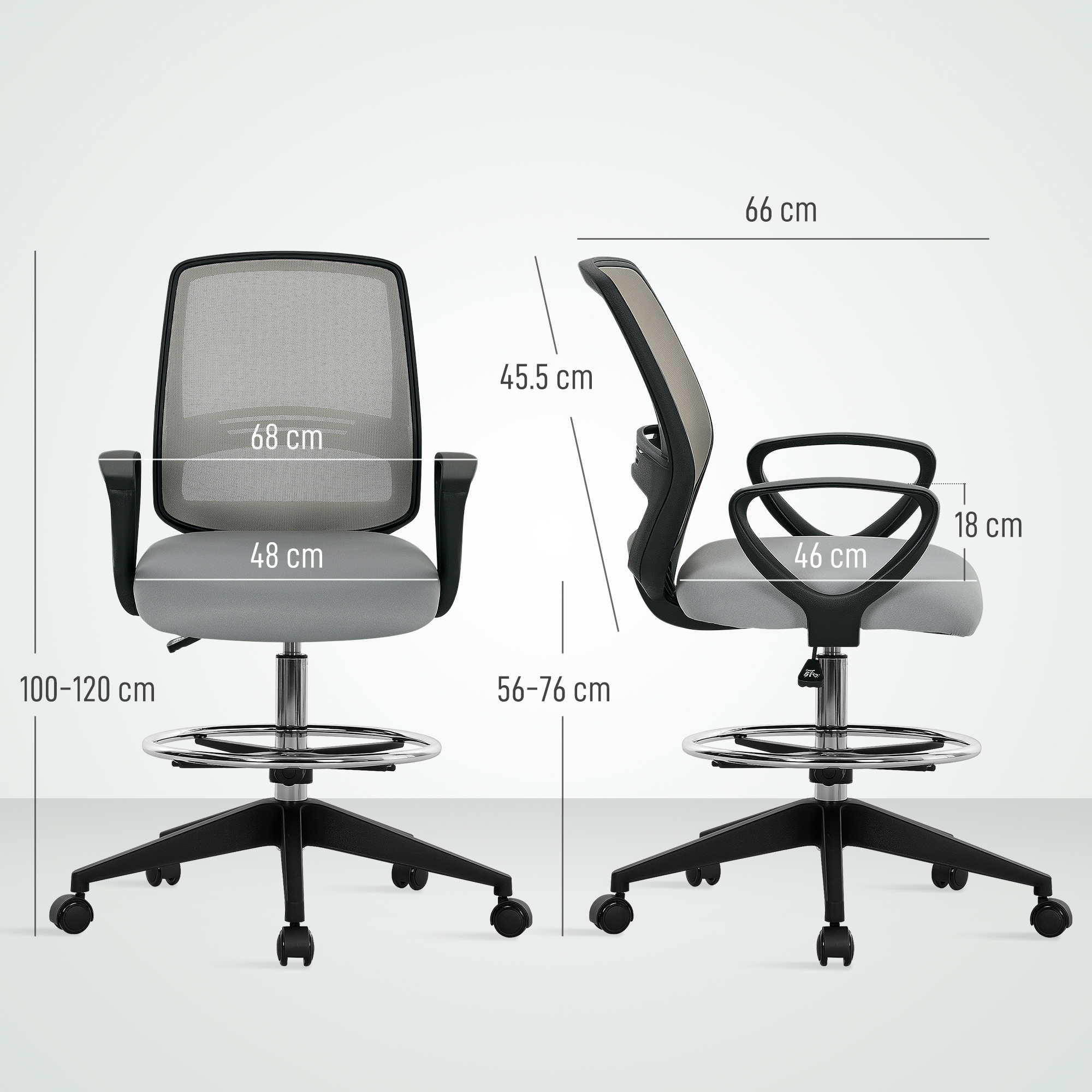 Vinsetto 100-120cm Draughtsman Office Chair, with Footrest Light Grey 3