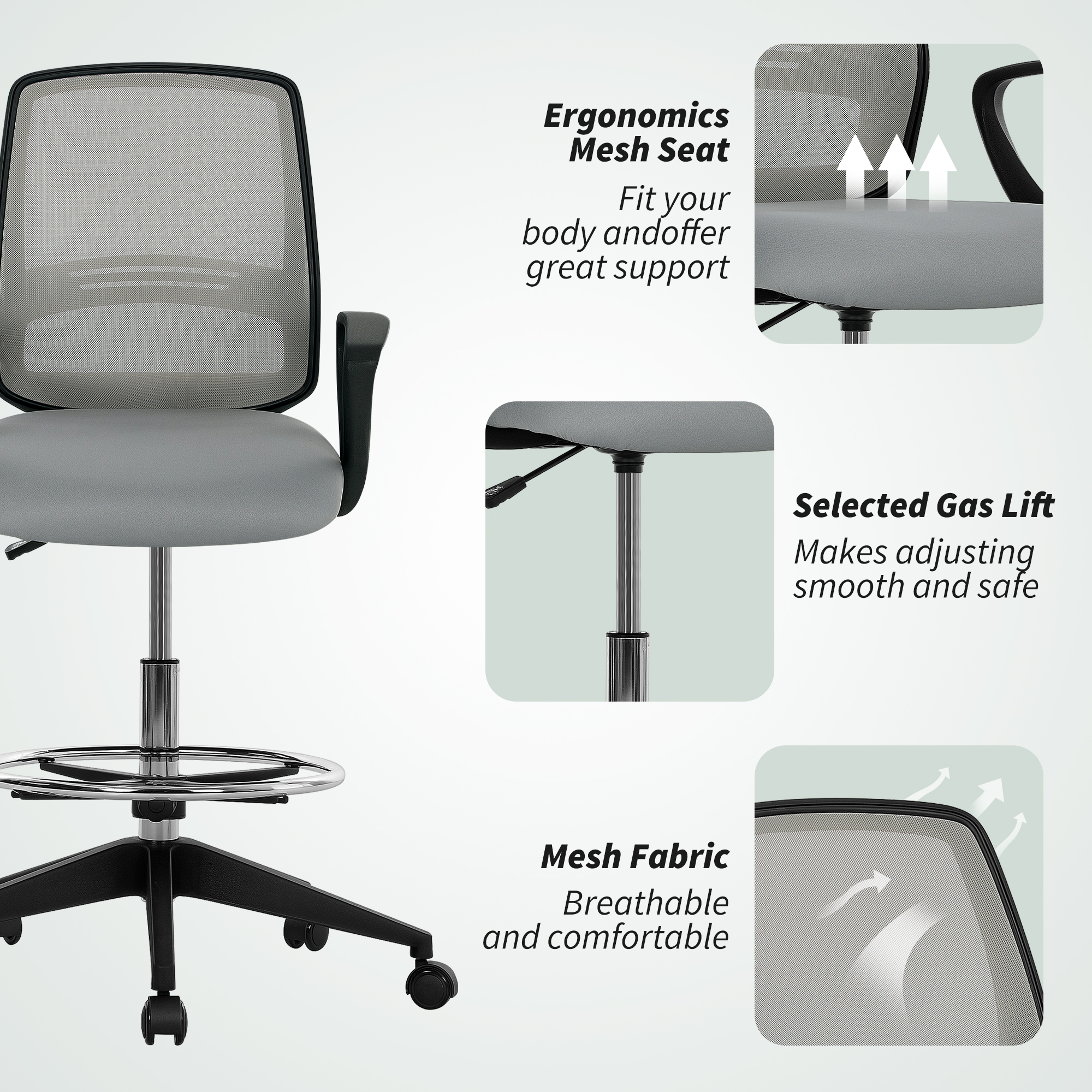 Vinsetto 100-120cm Draughtsman Office Chair, with Footrest Light Grey 8
