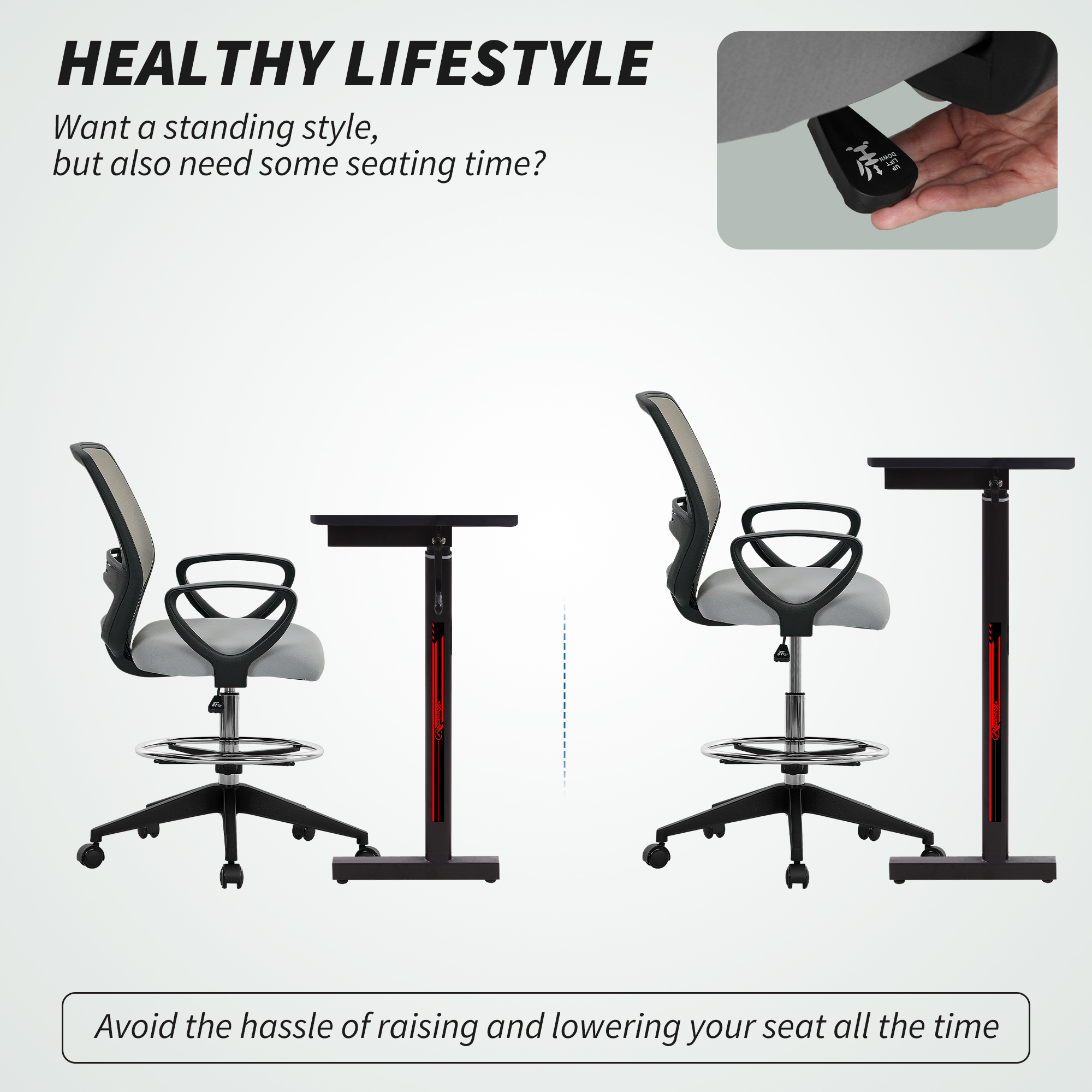 Vinsetto 100-120cm Draughtsman Office Chair, with Footrest Light Grey 4