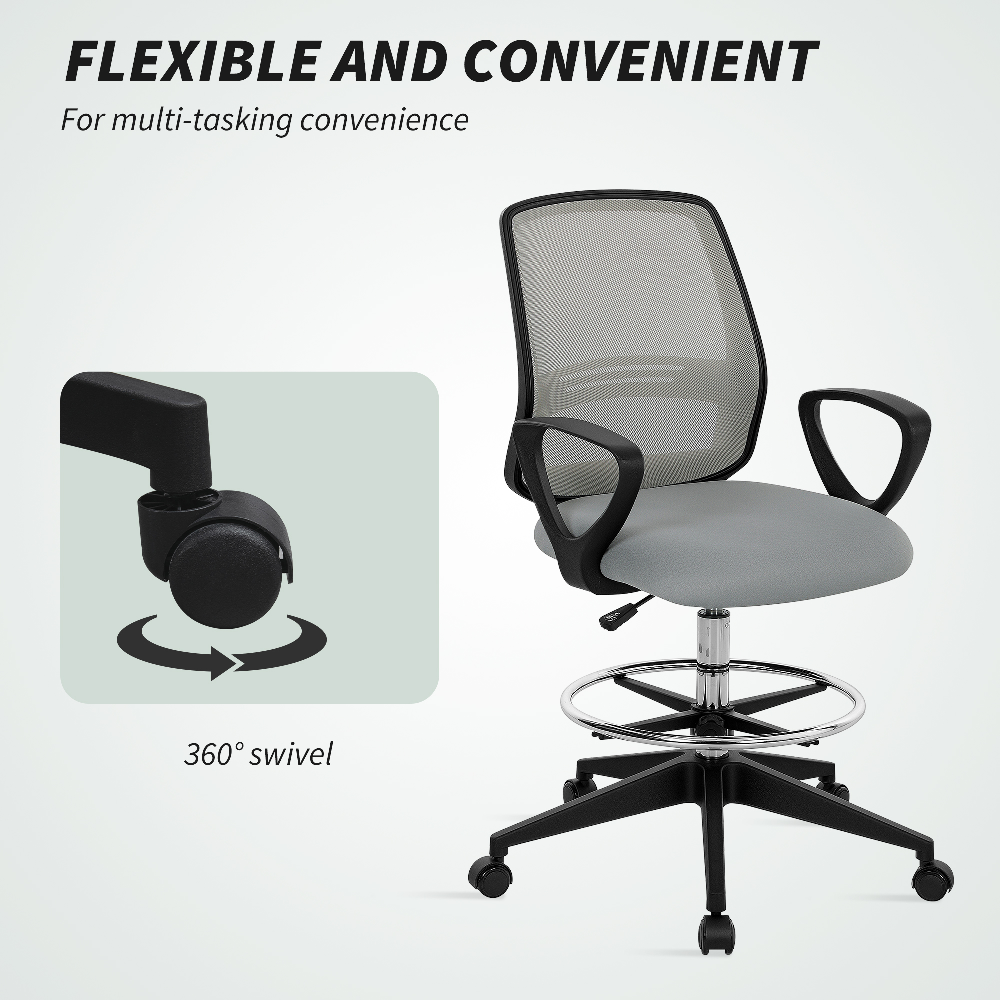 Vinsetto 100-120cm Draughtsman Office Chair, with Footrest Light Grey 7