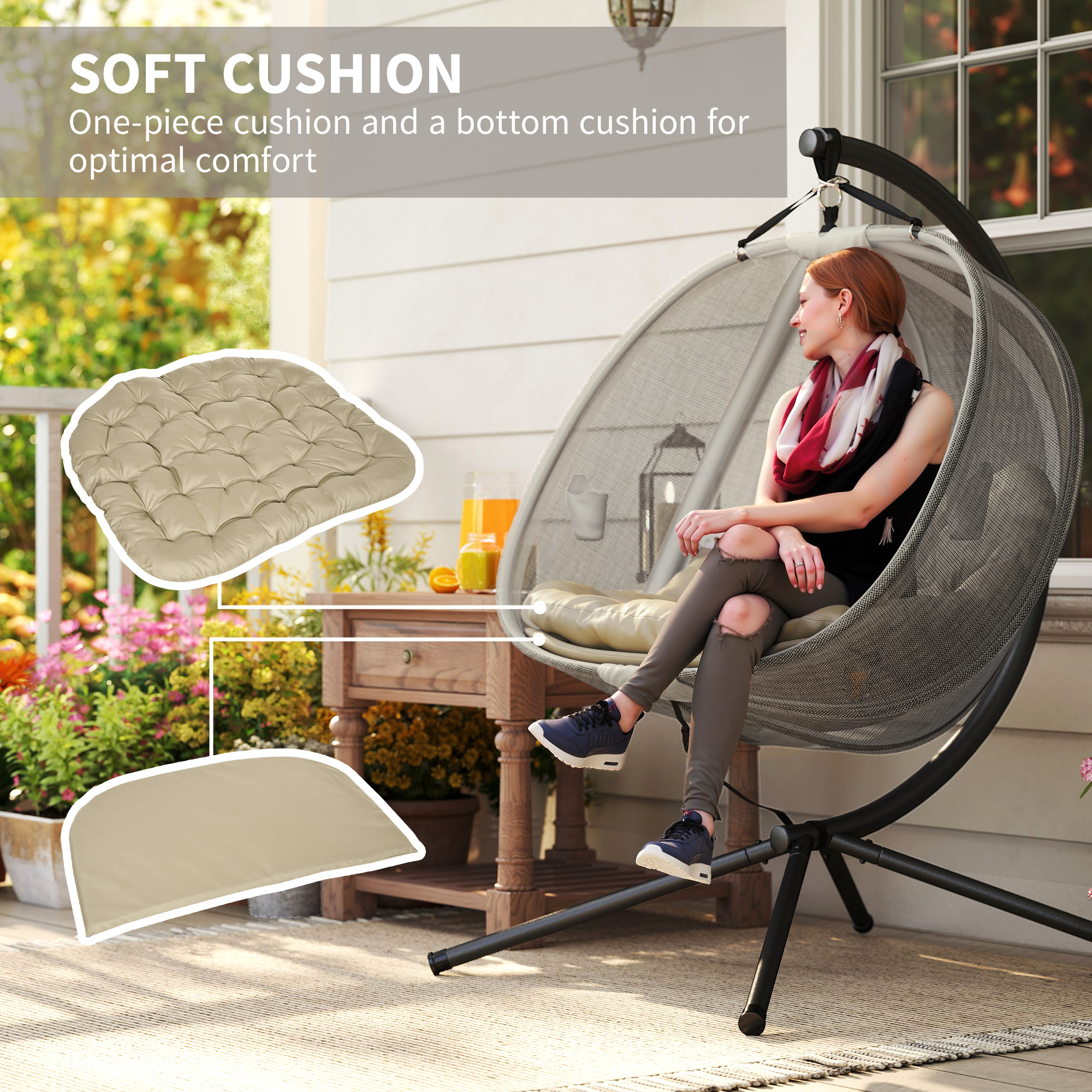 Outsunny Double Hanging Egg Chair 2 Seaters Texteline Swing Hammock Chair with Stand, Cushion and Folding Design, for Indoor and Outdoor, Brown 5