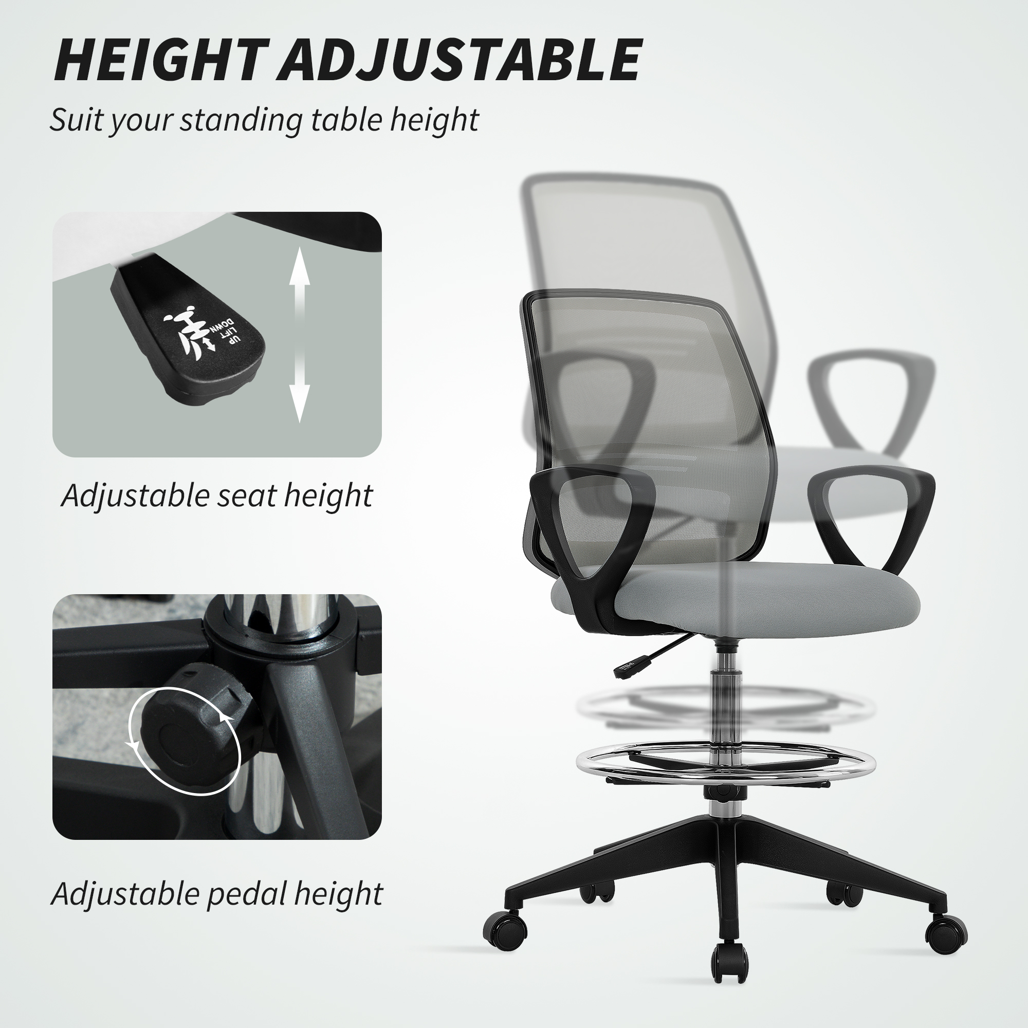 Vinsetto 100-120cm Draughtsman Office Chair, with Footrest Light Grey 6