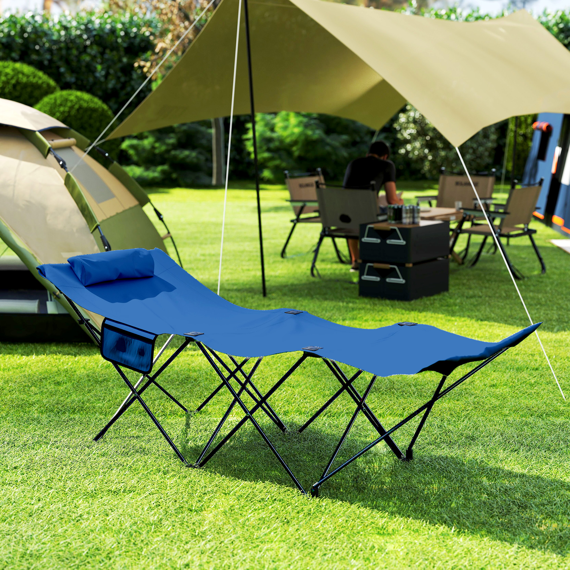 Outsunny Camping Bed for Adults, Single Folding Camp Bed, Portable Camping Cot with Side Pocket, Headrest and Oxford Seat for Outdoor, Travel, Fishing, Dark Blue 2