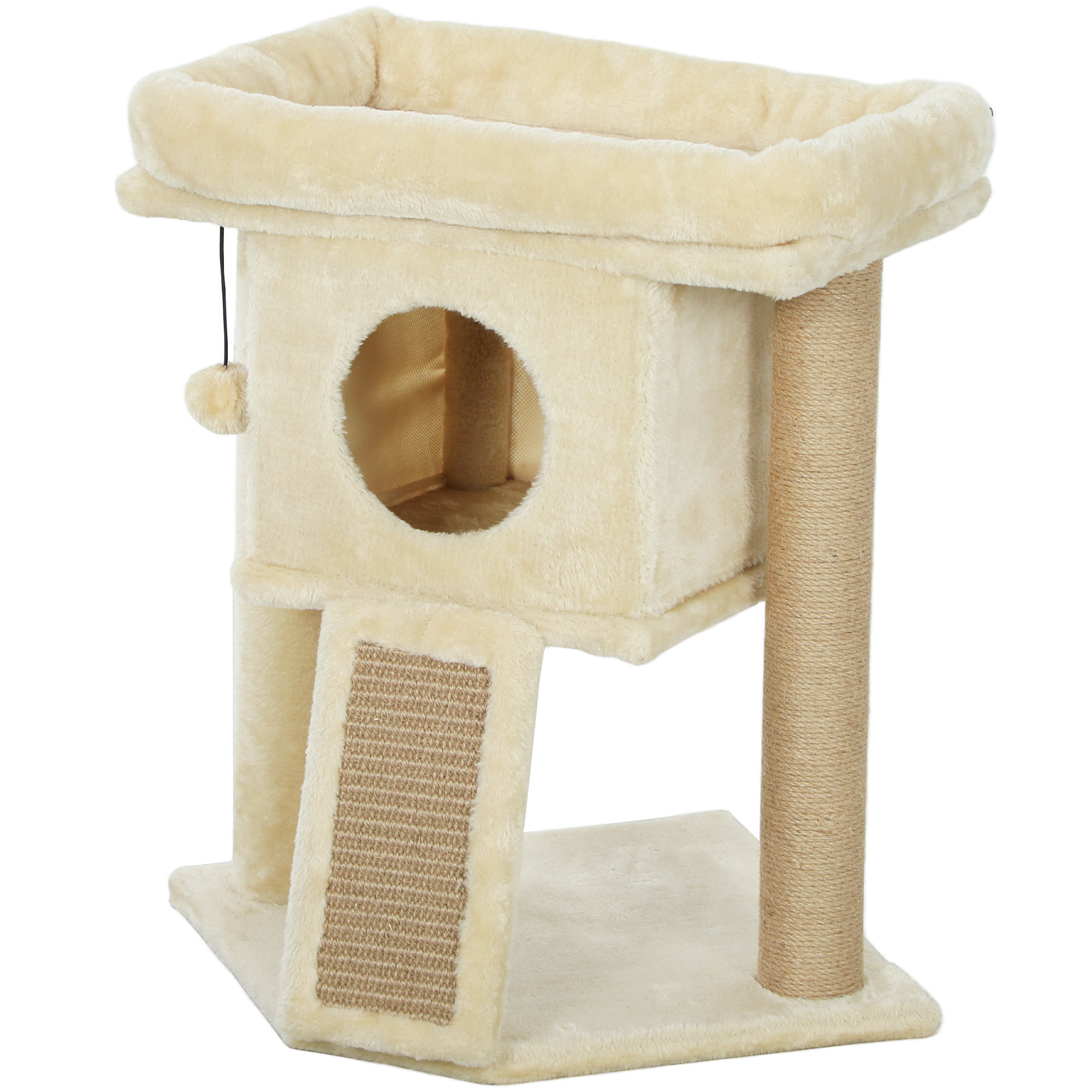 Meilleurs prix pour PawHut Arbre à gratter avec tapis de grattage en jute, plateforme de repos, balle de jeu, maison pour chats, Beige, 40 x 40 x 57 cm