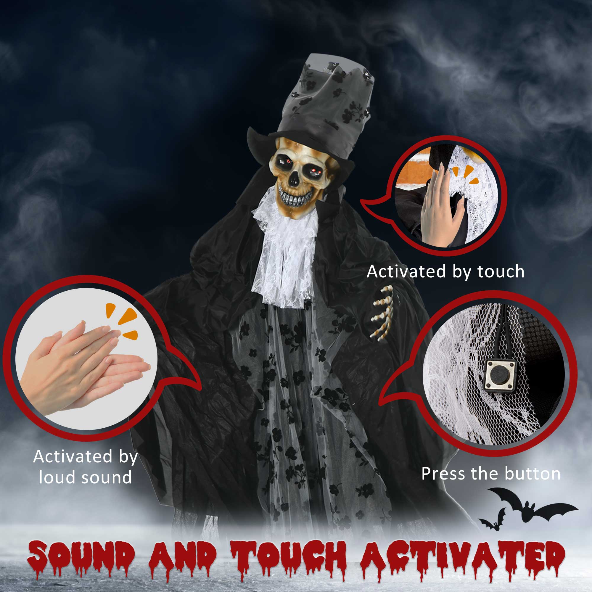 Outsunny 189cm Life Size Outdoor Halloween Decorations Ghost Bridegroom, Animated Prop Animatronic Decor with Sound and Motion Activated, Light Up Eyes, Howling Sound 6