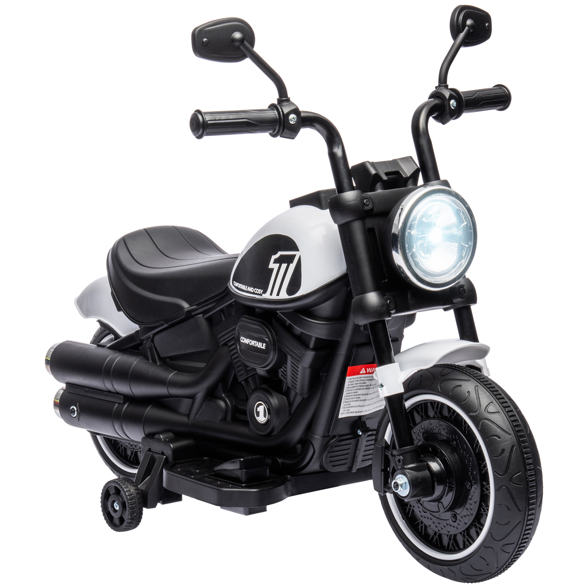 HOMCOM Moto Eléctrica para Niños de 18-36 Meses con Batería 6V, Faro y Ruedas Auxiliares Desmontables, Blanco