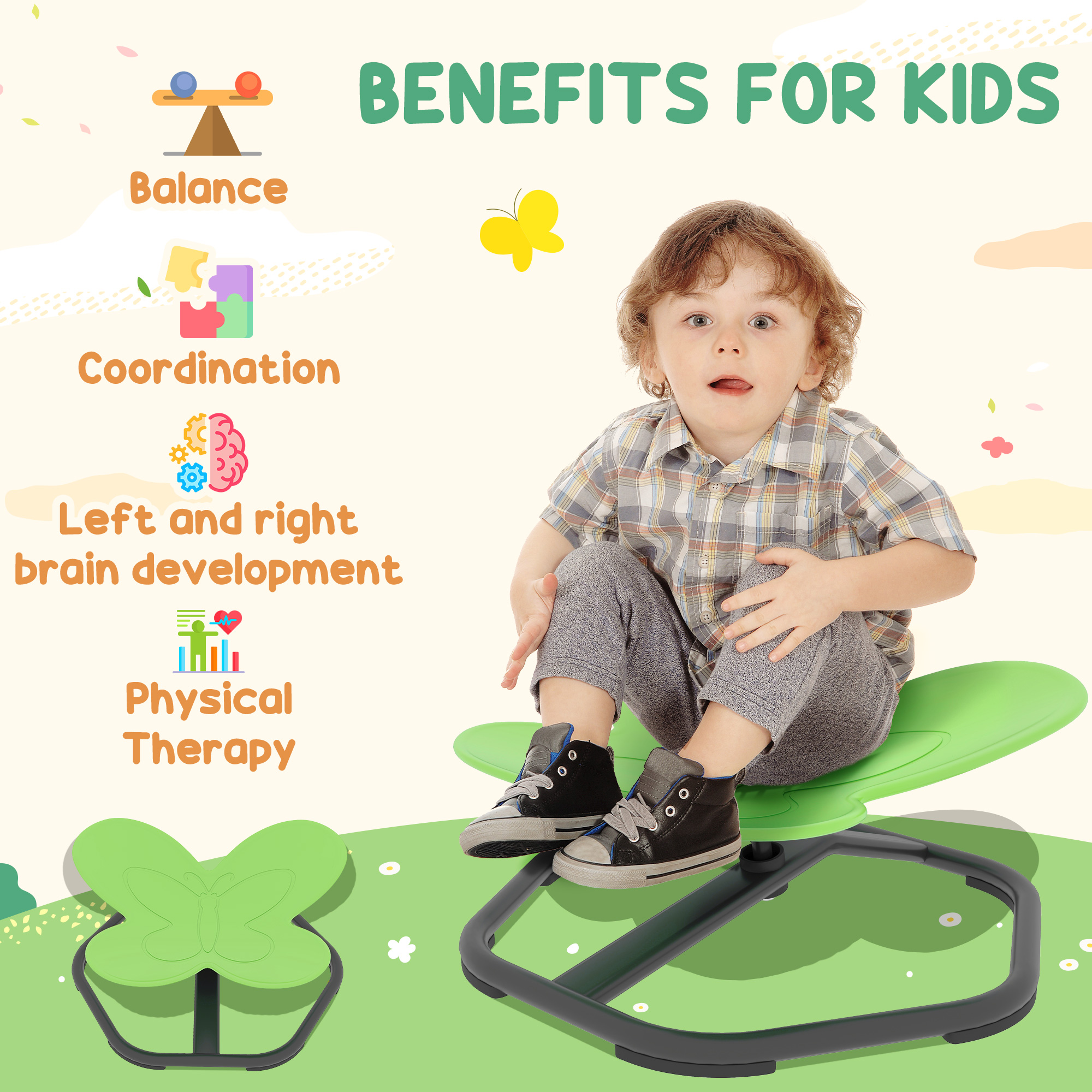 AIYAPLAY Butterfly-Shaped Kids Swivel Chair, Sensory Spinning Chair for Balance and Coordination Training, Green 4