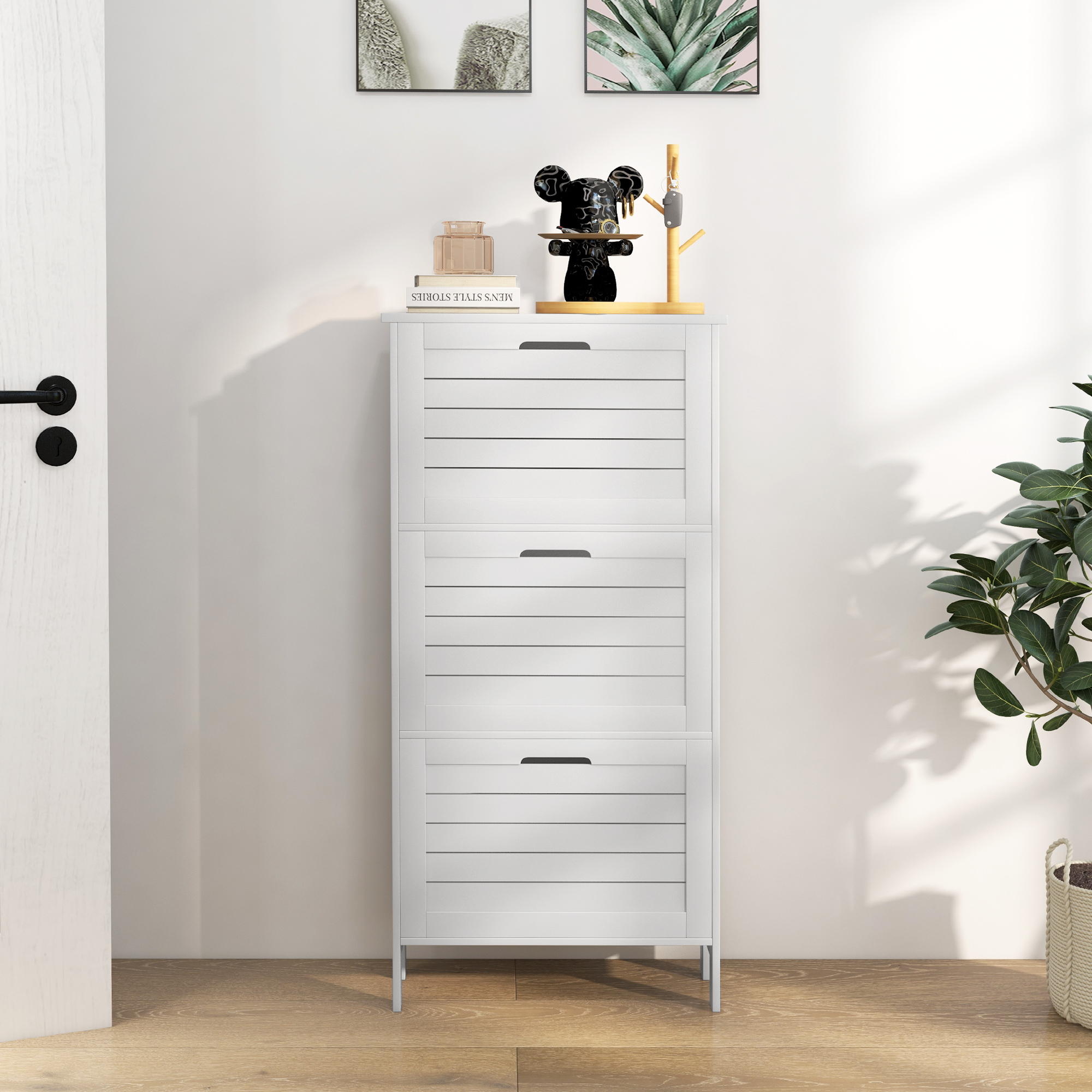 HOMCOM Narrow Shoe Cabinet with 3 Flip Drawers White 6
