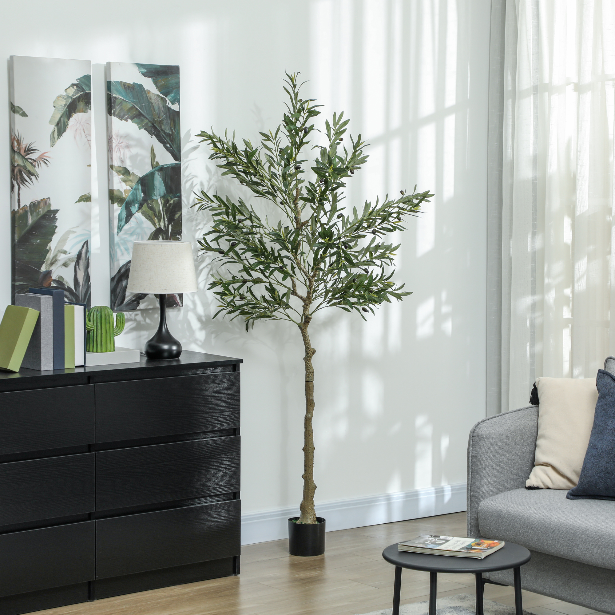 HOMCOM Oliviers artificiels 120 cm Plantes décoratives artificielles avec feuilles en soie et 20 olives Décoration intérieure pour la maison, le bureau, la chambre à coucher et le salon Pack 2
