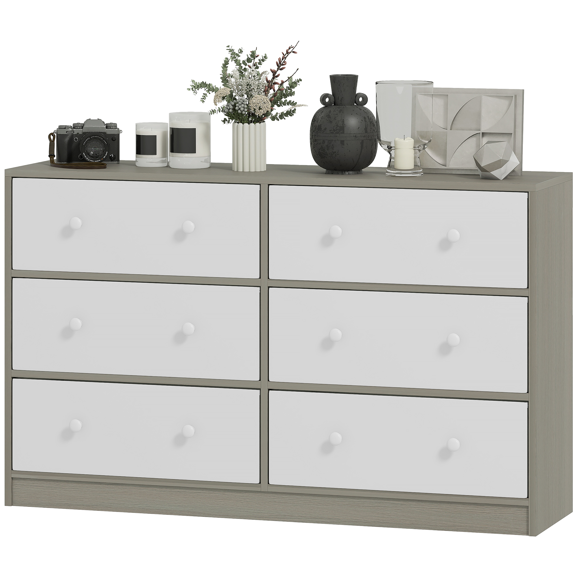HOMCOM Etagenschrank aus Stoff mit 6 faltbaren Schubladen mit doppelten Griffen, Schlafzimmer-Etagenschrank aus Stahl, MDF und Stoff, 114x30x70 cm, Weiß und Grau Aosom