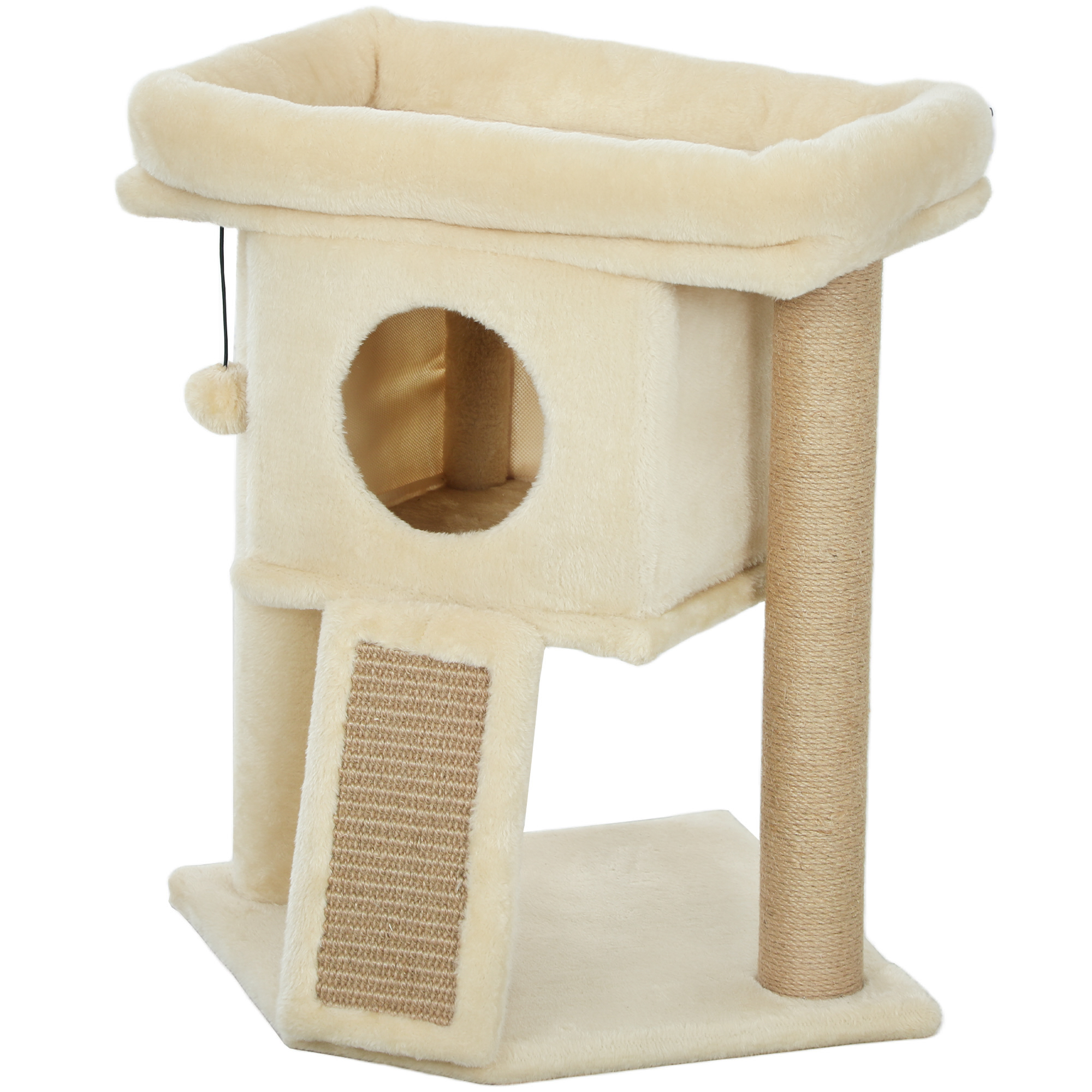 PawHut Krabpaal met Jute-Krabmat, Ligplatform, Speelbal, Kattenhuis, Beige, 40 x 40 x 57 cm