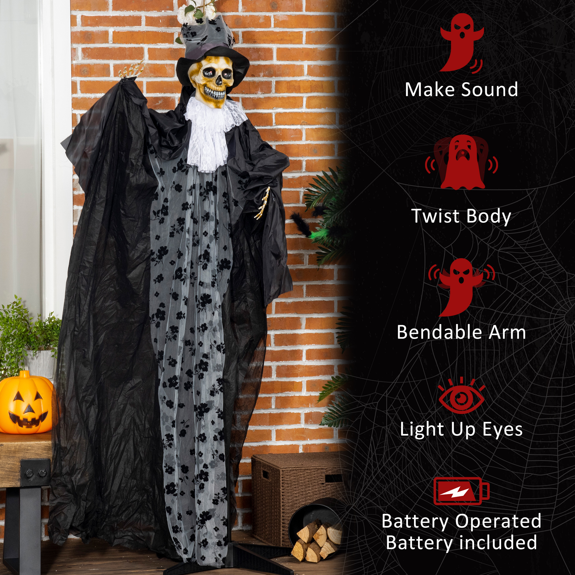 Outsunny 189cm Life Size Outdoor Halloween Decorations Ghost Bridegroom, Animated Prop Animatronic Decor with Sound and Motion Activated, Light Up Eyes, Howling Sound 7
