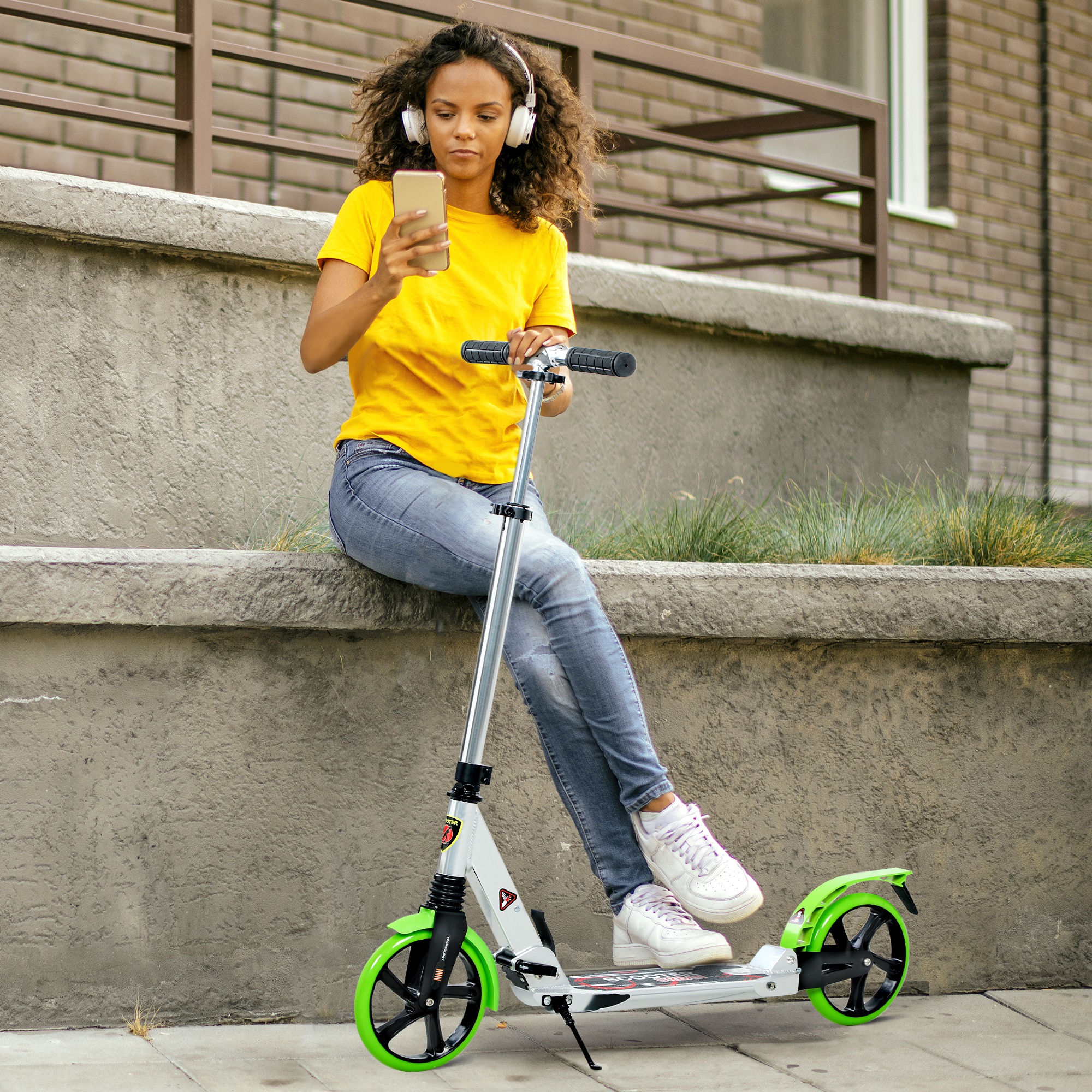 HOMCOM Folding Kick Scooter, Adjustable Ride On Scooter with 200mm Big Wheels and Double Shock Absorption, Urban Scooter for 14+ Teens Adult, Green