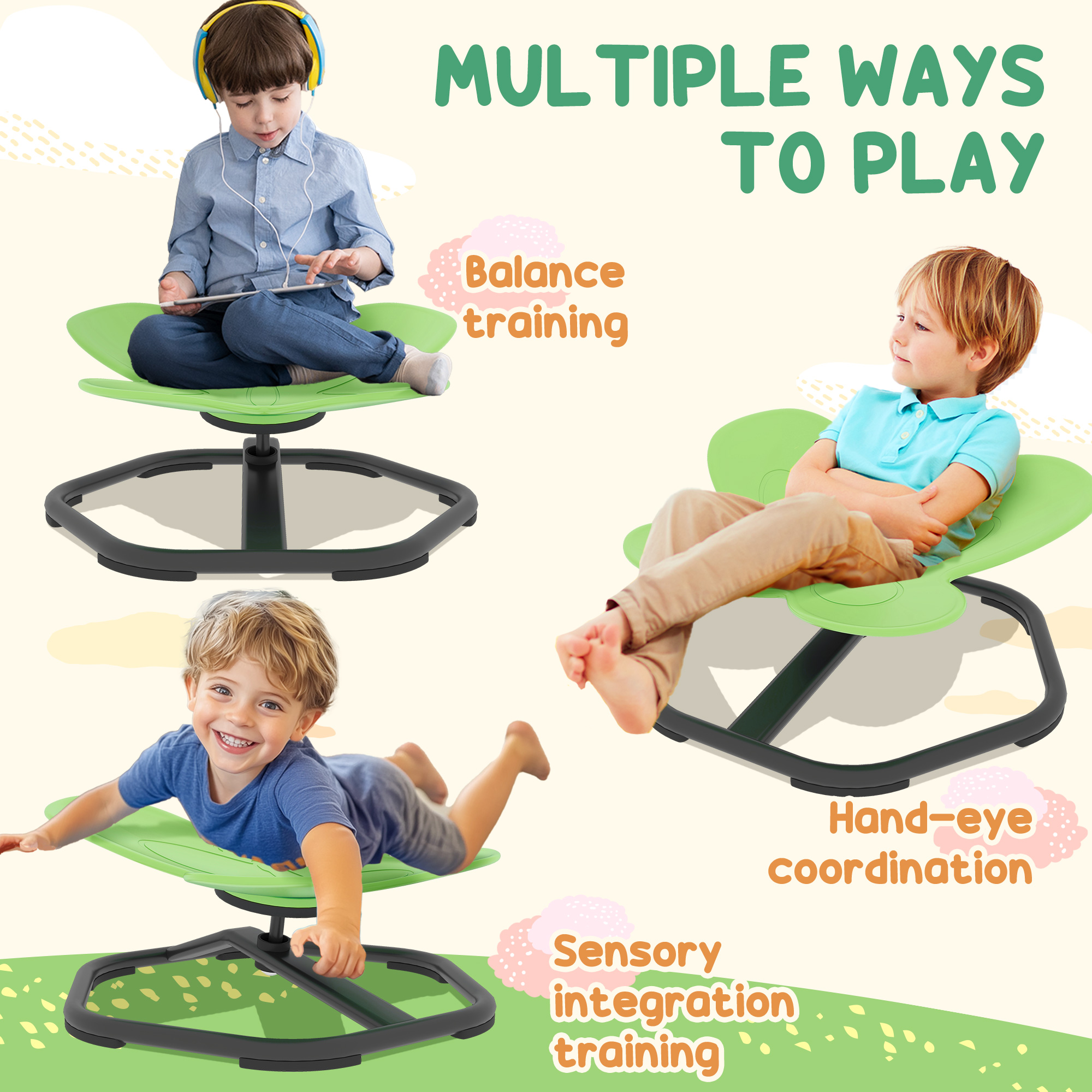 AIYAPLAY Butterfly-Shaped Kids Swivel Chair, Sensory Spinning Chair for Balance and Coordination Training, Green 6