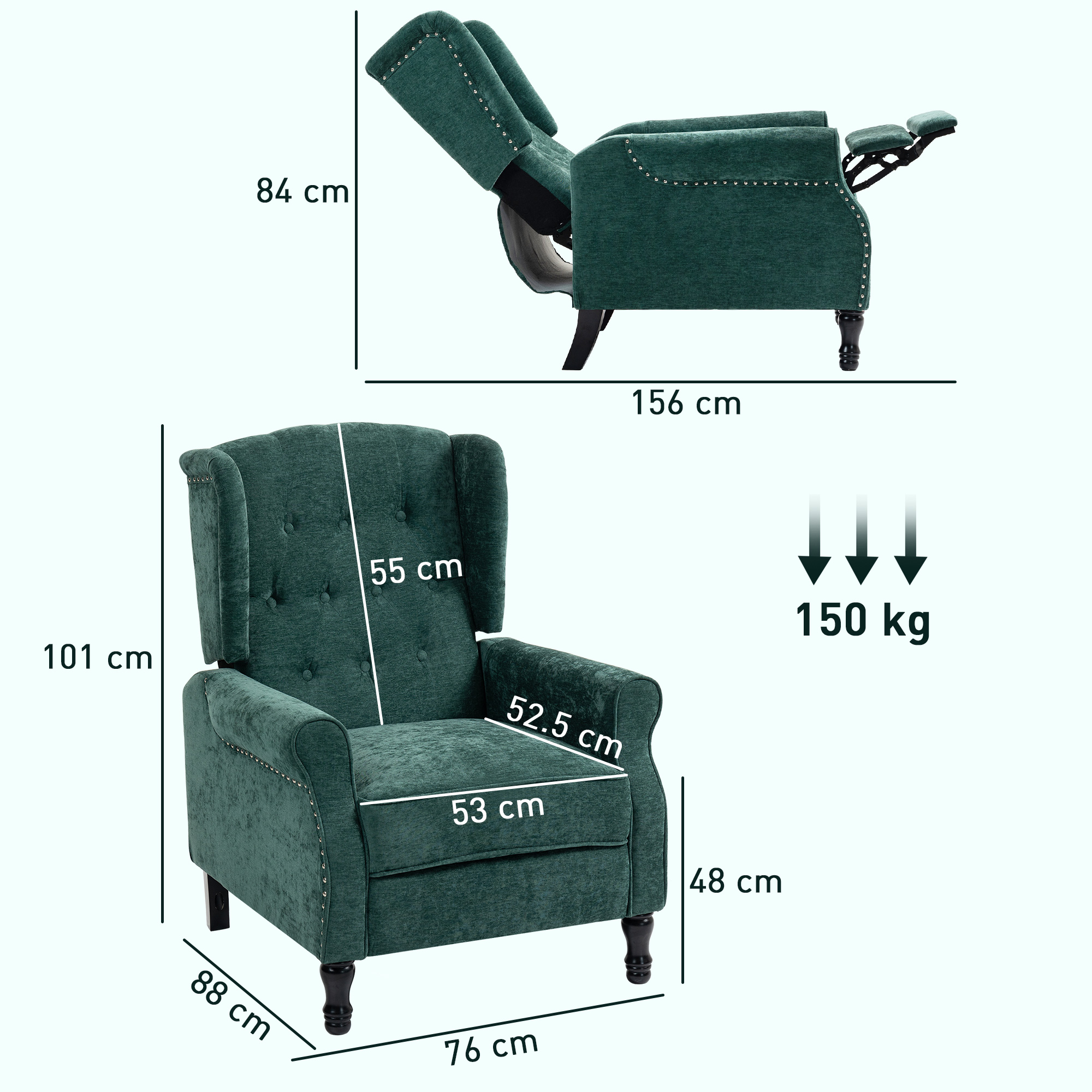 HOMCOM 150° Reclining Vintage Armchair, with footrest Dark Green 3