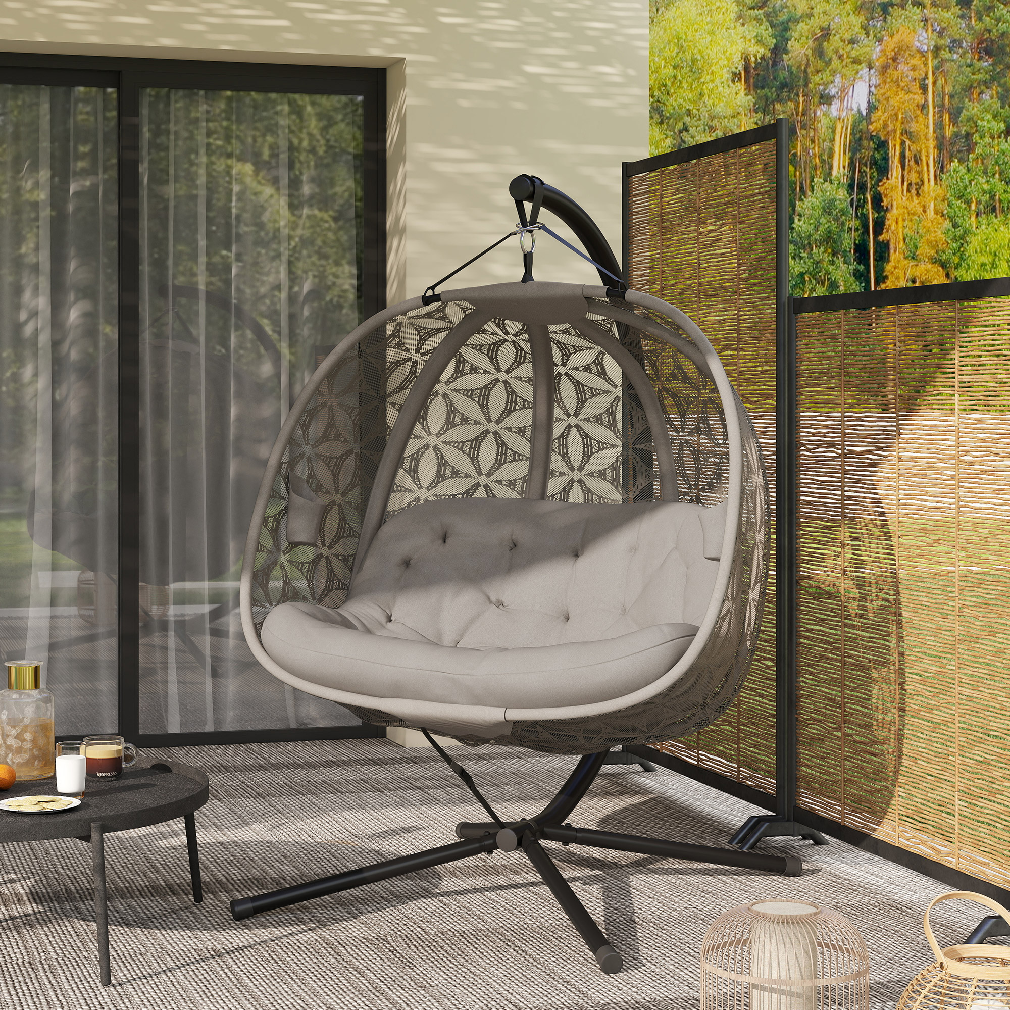 Outsunny Outdoor Double Hanging Chair with Cushion and Cup Holders, Sand Brown 8