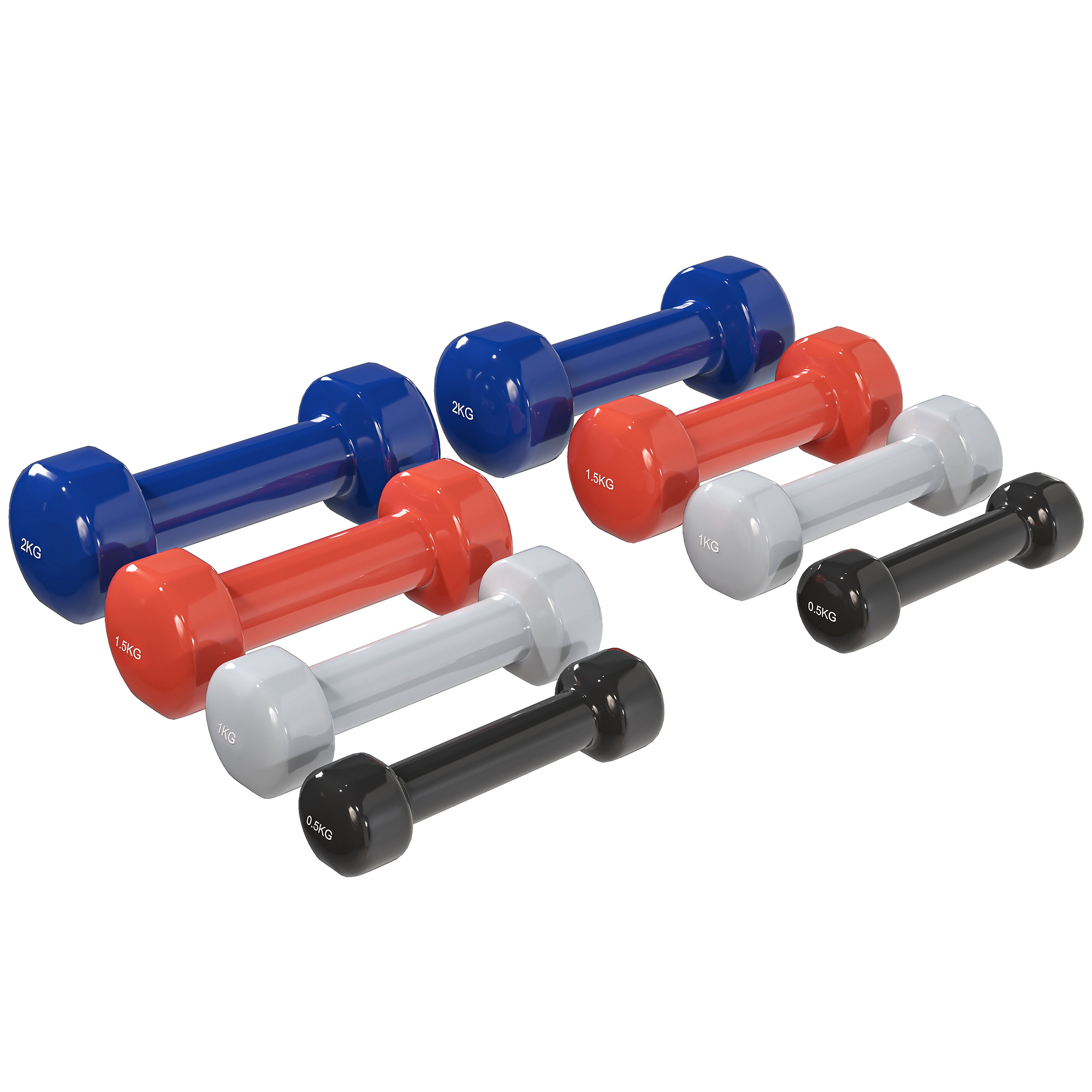 HOMCOM Ensemble d'haltères courtes total 10 Kg paires de 0,5/1/1,5/2 Kg avec malette entraînement musculaire & haltérophilie - métal PU multicolore