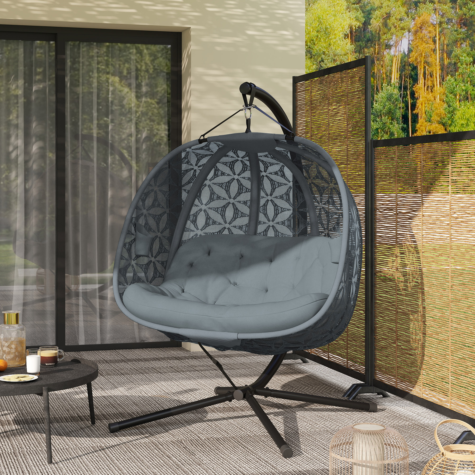 Outsunny Outdoor Double Hanging Chair with Cushion and Cup Holders, Charcoal Grey 8