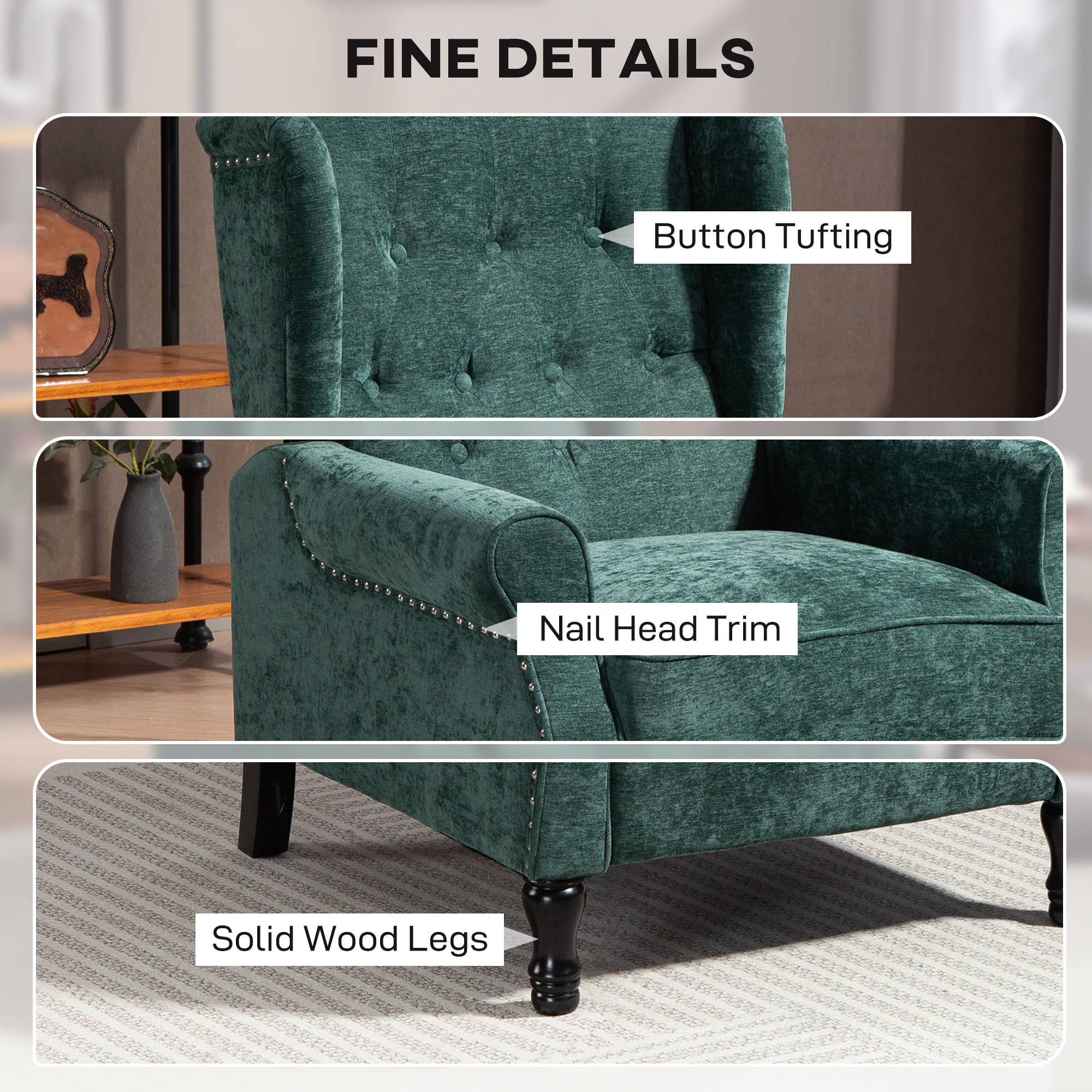 HOMCOM 150° Reclining Vintage Armchair, with footrest Dark Green 6