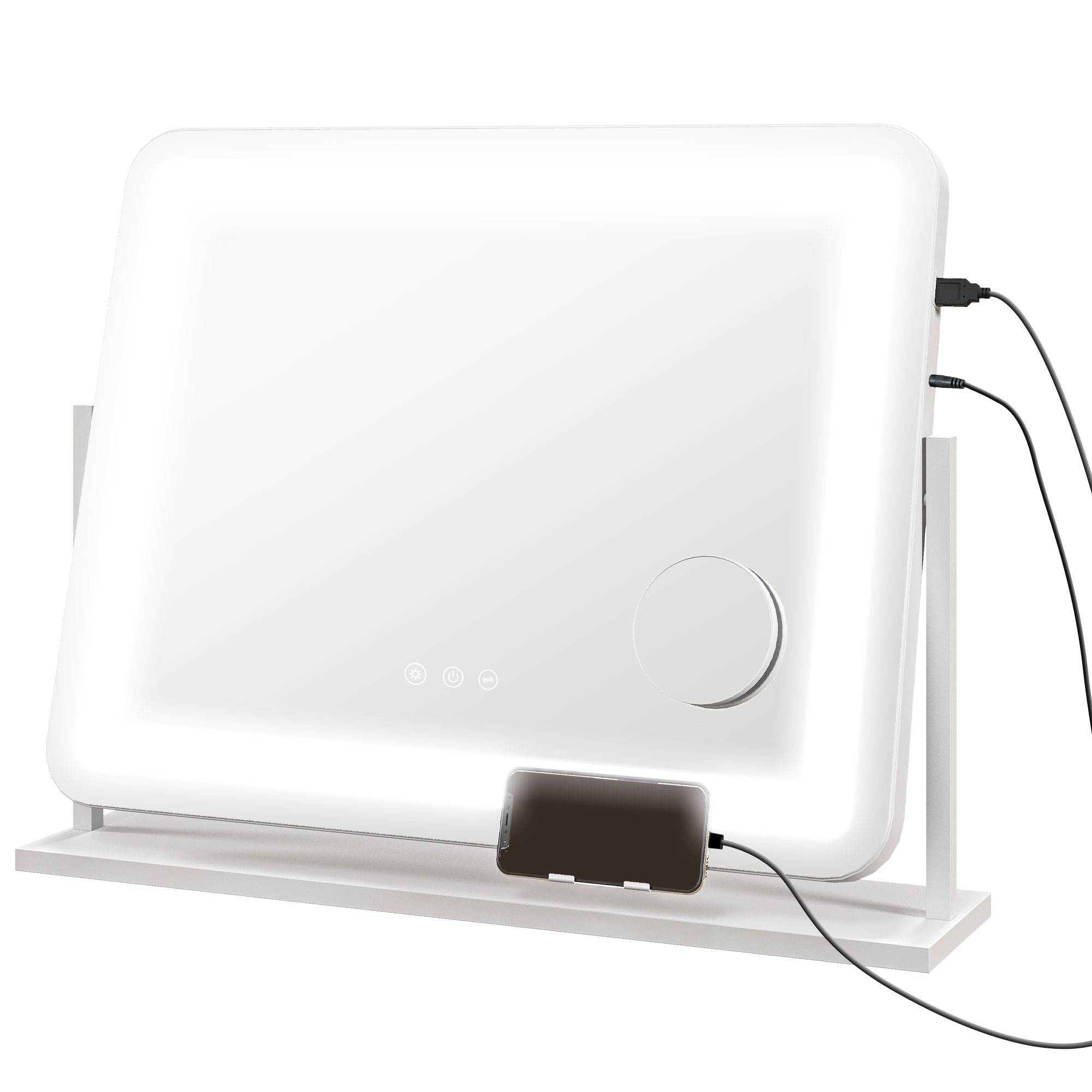 HOMCOM Espejo de Tocador Giratorio 58x46 cm con 3 Modos de Iluminación Ajustables Interruptor Táctil Espejo de Aumento Blanco