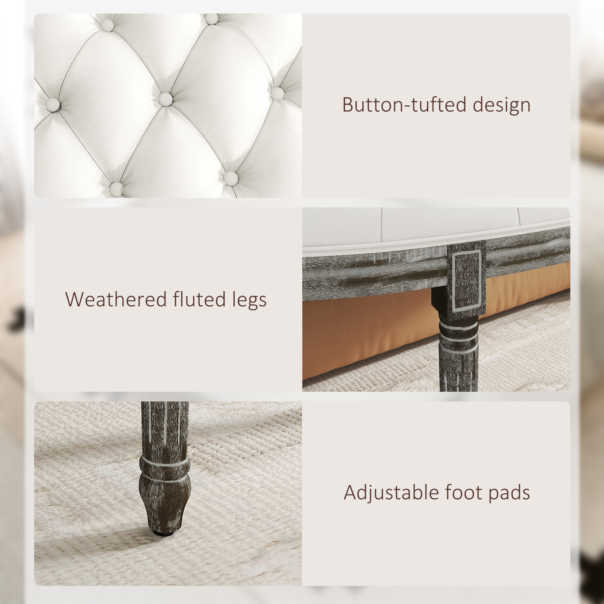 HOMCOM Half-Circle End Bench Ottoman Footstool Tufting Padded Seat Brushed Wood Base Antique Accents Home Seat Furniture Cream White and Light Wood Grain Leg 6