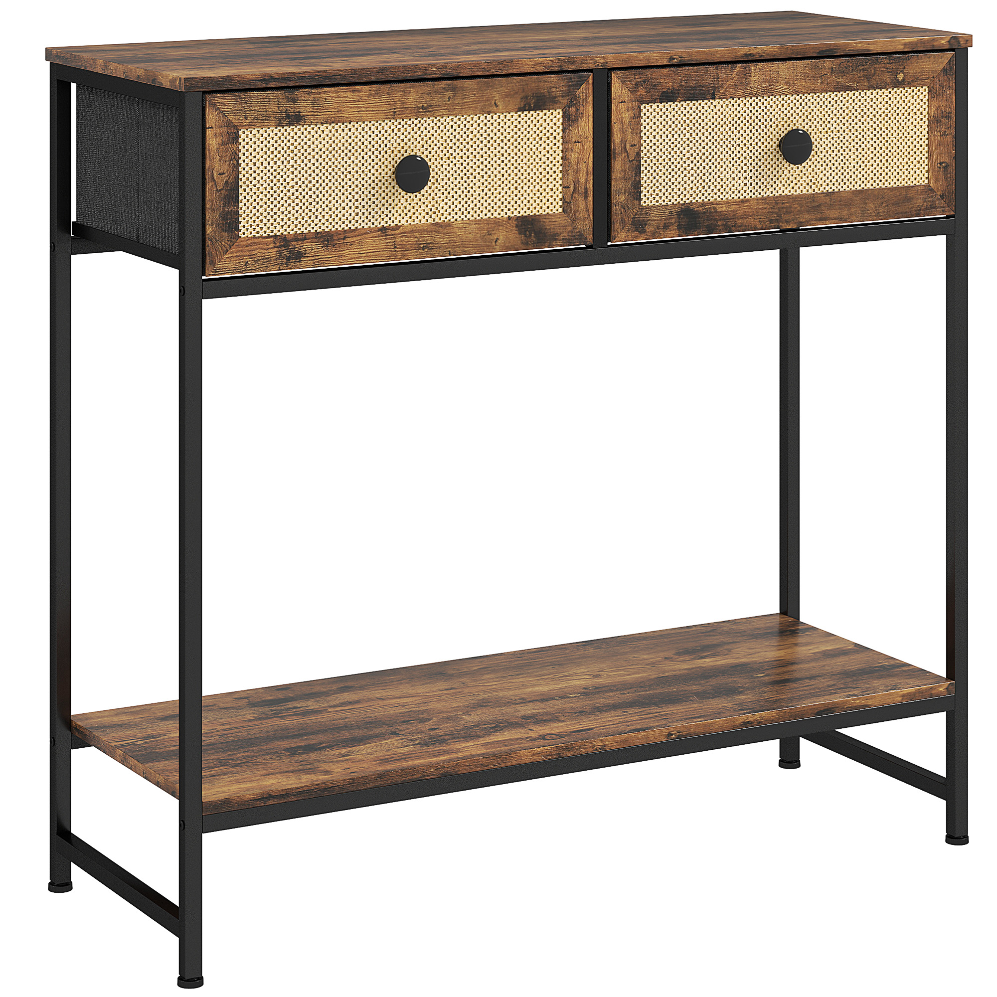 HOMCOM Mesa Consola con Estante Abierto y 2 Cajones Frontales de Ratán Consola para Recibidor 80x30x75 cm Marrón Rústico