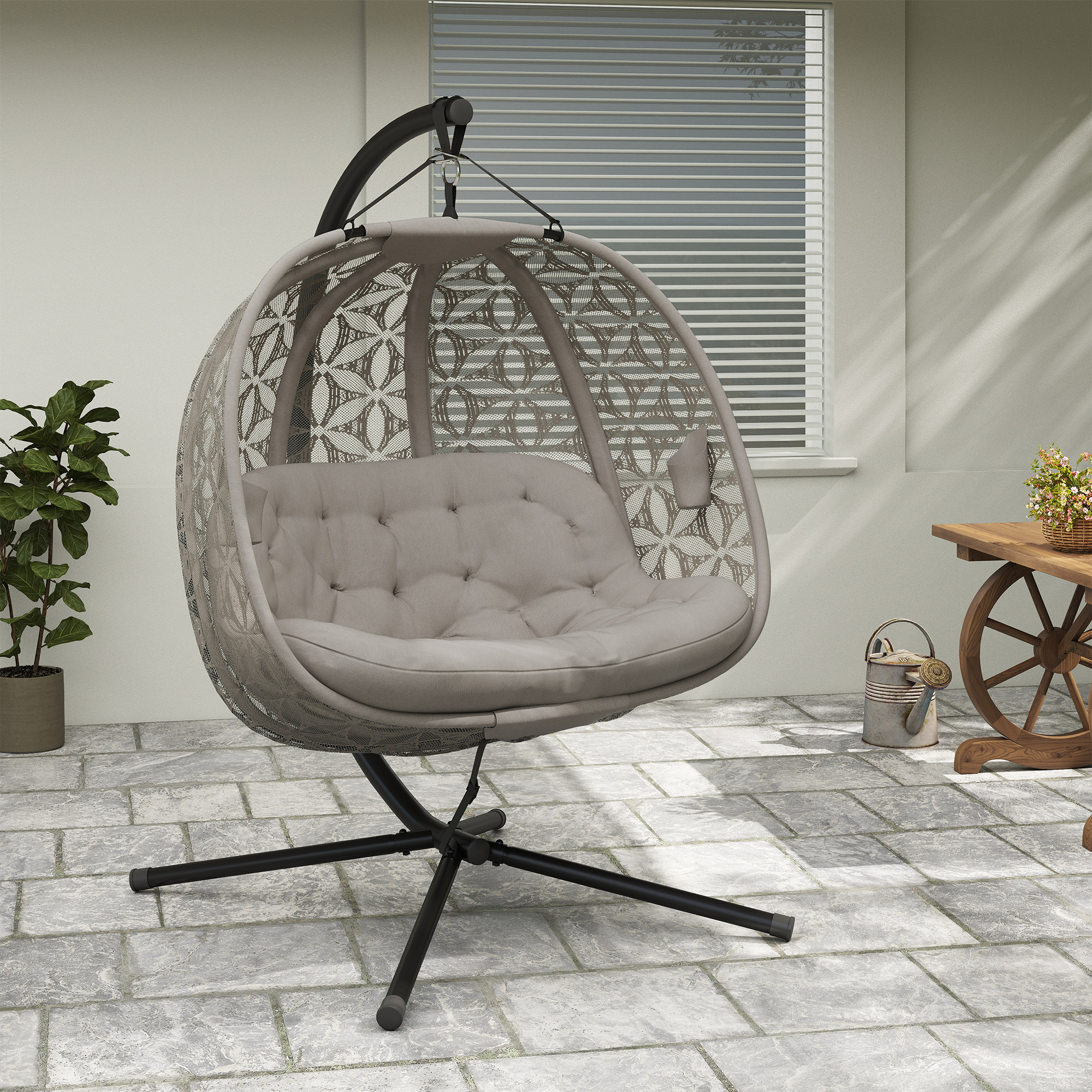 Outsunny Outdoor Double Hanging Chair with Cushion and Cup Holders, Sand Brown 9