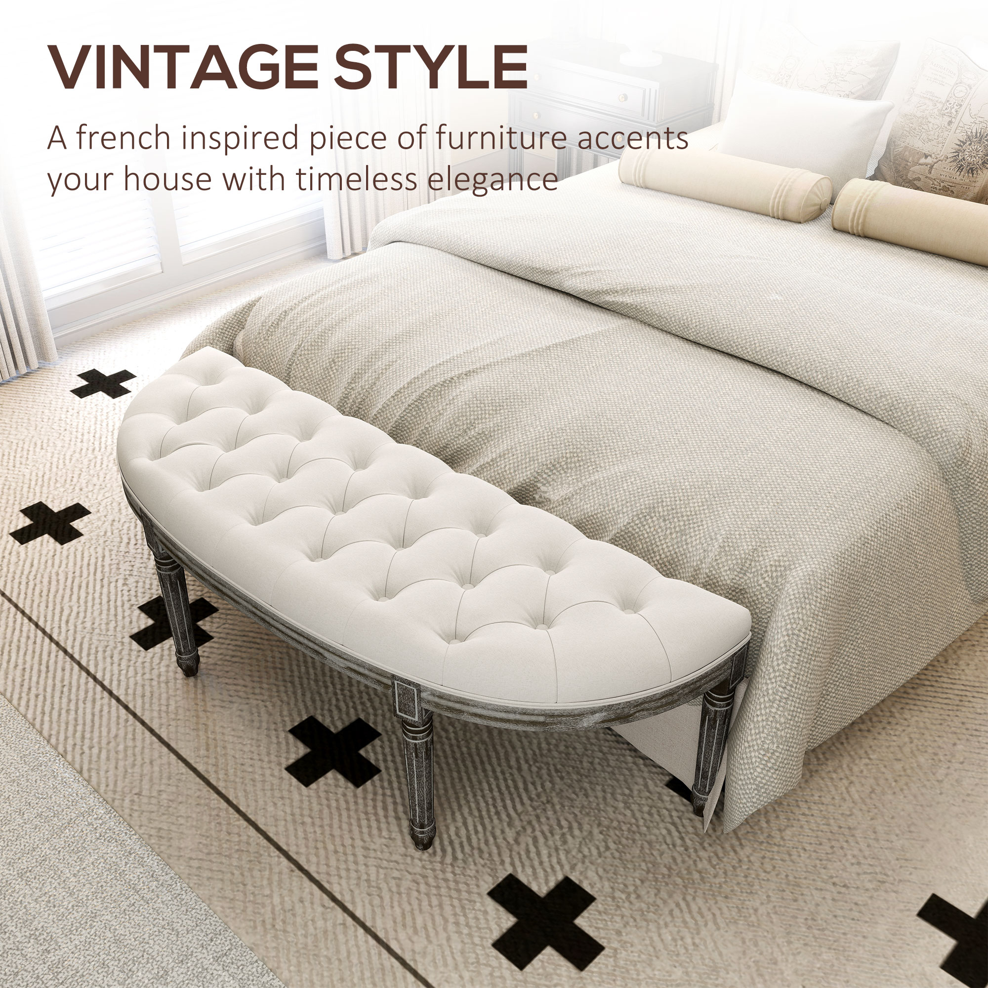 HOMCOM Half-Circle End Bench Ottoman Footstool Tufting Padded Seat Brushed Wood Base Antique Accents Home Seat Furniture Cream White and Light Wood Grain Leg 4