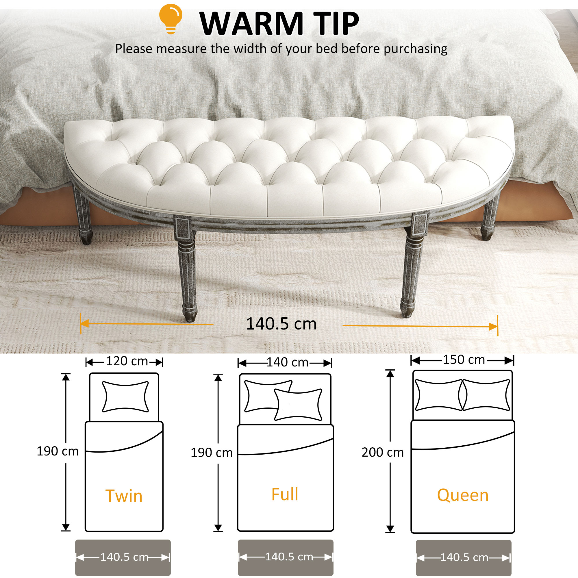 HOMCOM Half-Circle End Bench Ottoman Footstool Tufting Padded Seat Brushed Wood Base Antique Accents Home Seat Furniture Cream White and Light Wood Grain Leg 7