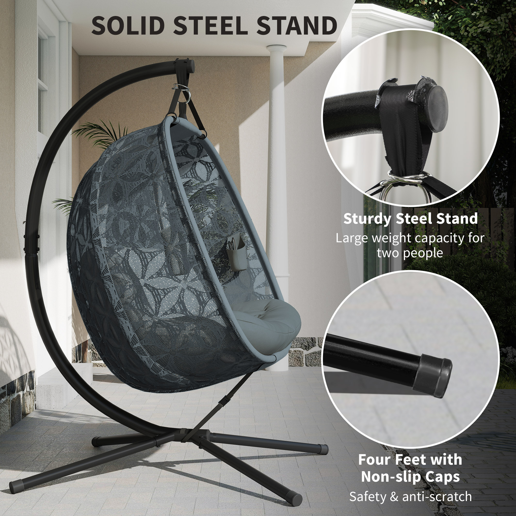 Outsunny Outdoor Double Hanging Chair with Cushion and Cup Holders, Charcoal Grey 7